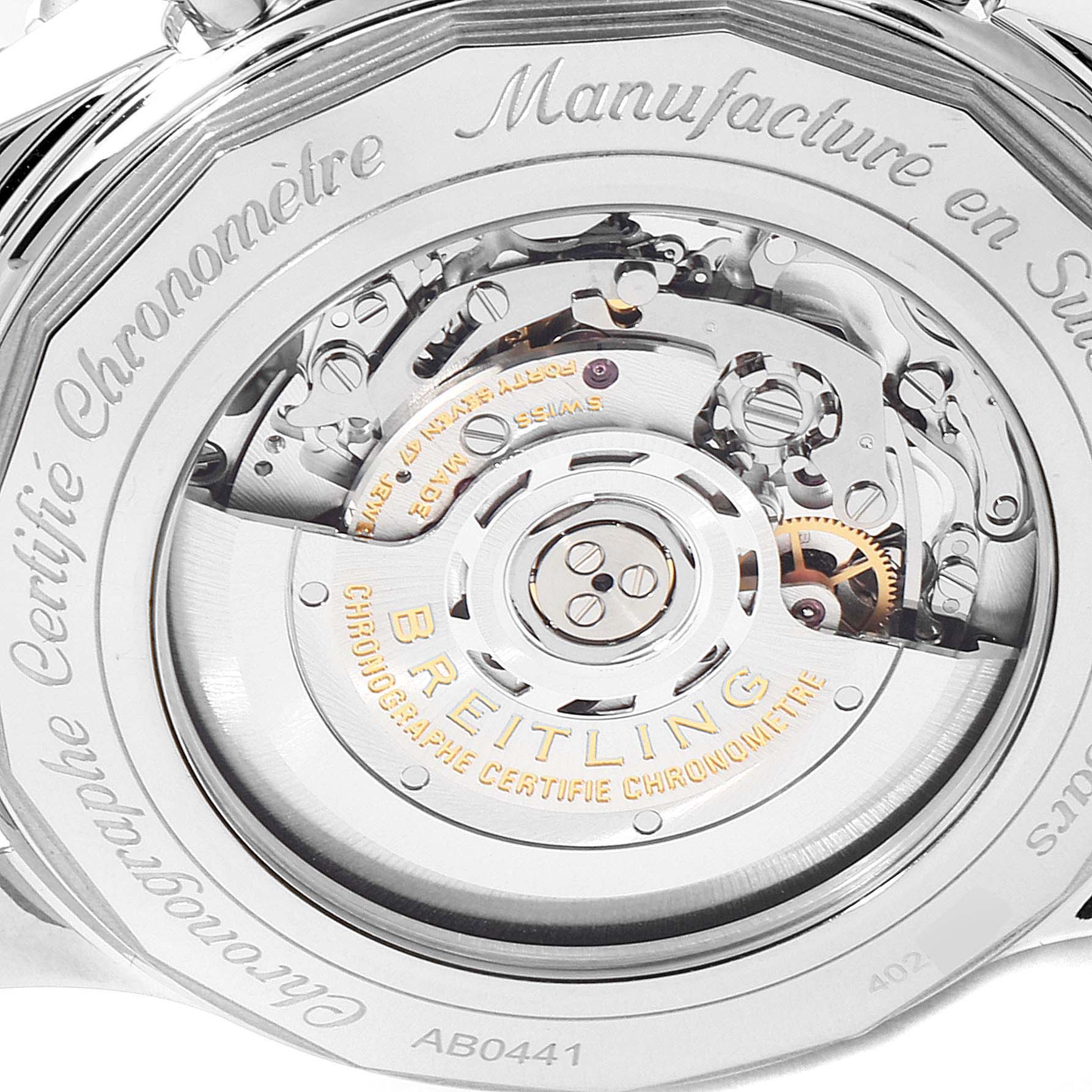 The image shows the back view of the Breitling Navitimer AB044121/BD24/443A Men's Stainless Steel Black Dial AB044121/BD24/443A Men's Stainless Steel Black Dial watch, highlighting its intricate inner mechanical movements.