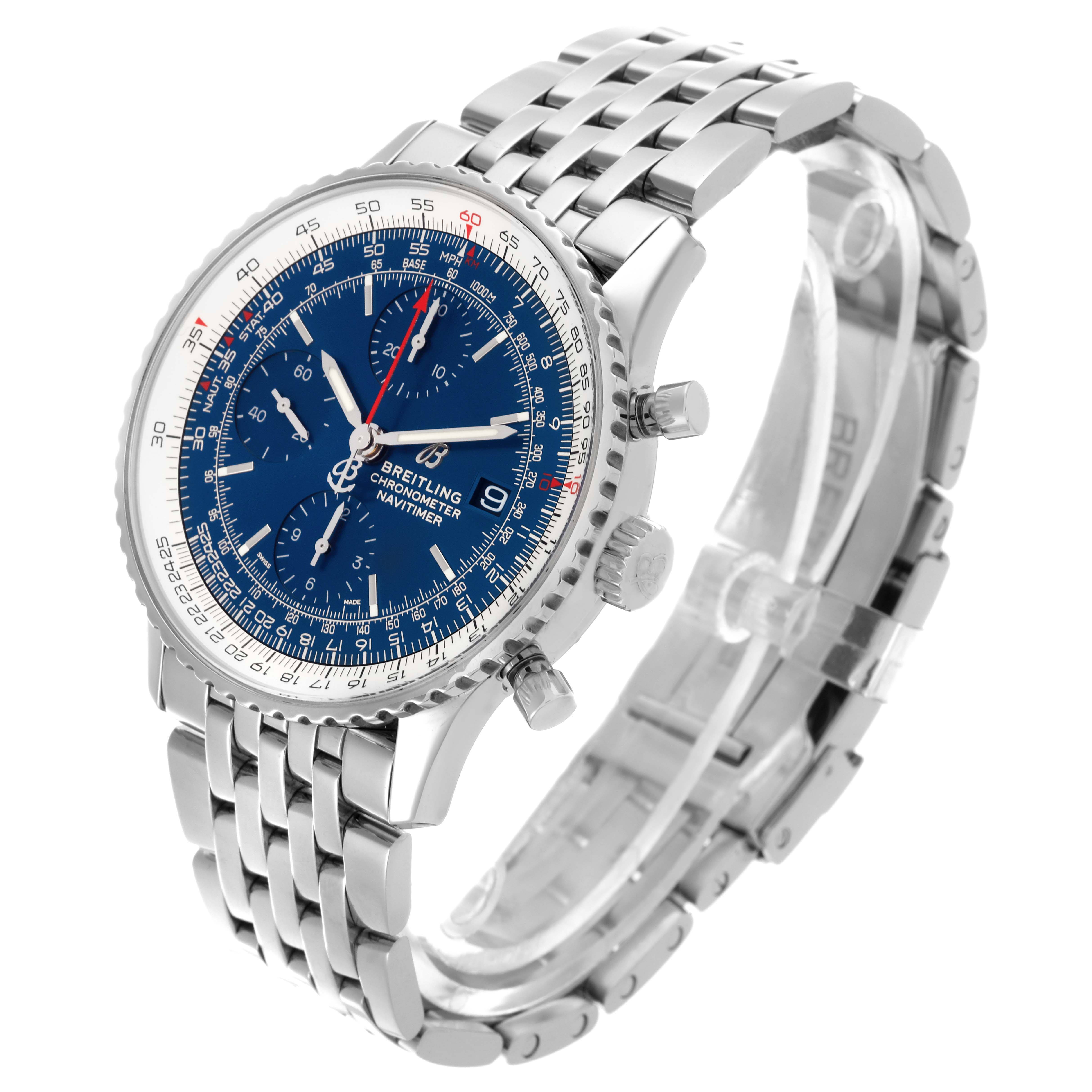 The Breitling Navitimer A13324 Men
s Stainless Steel Blue Dial A13324 Men
s Stainless Steel Blue Dial watch is shown from a slightly angled side view, displaying the face, bezel, and bracelet.