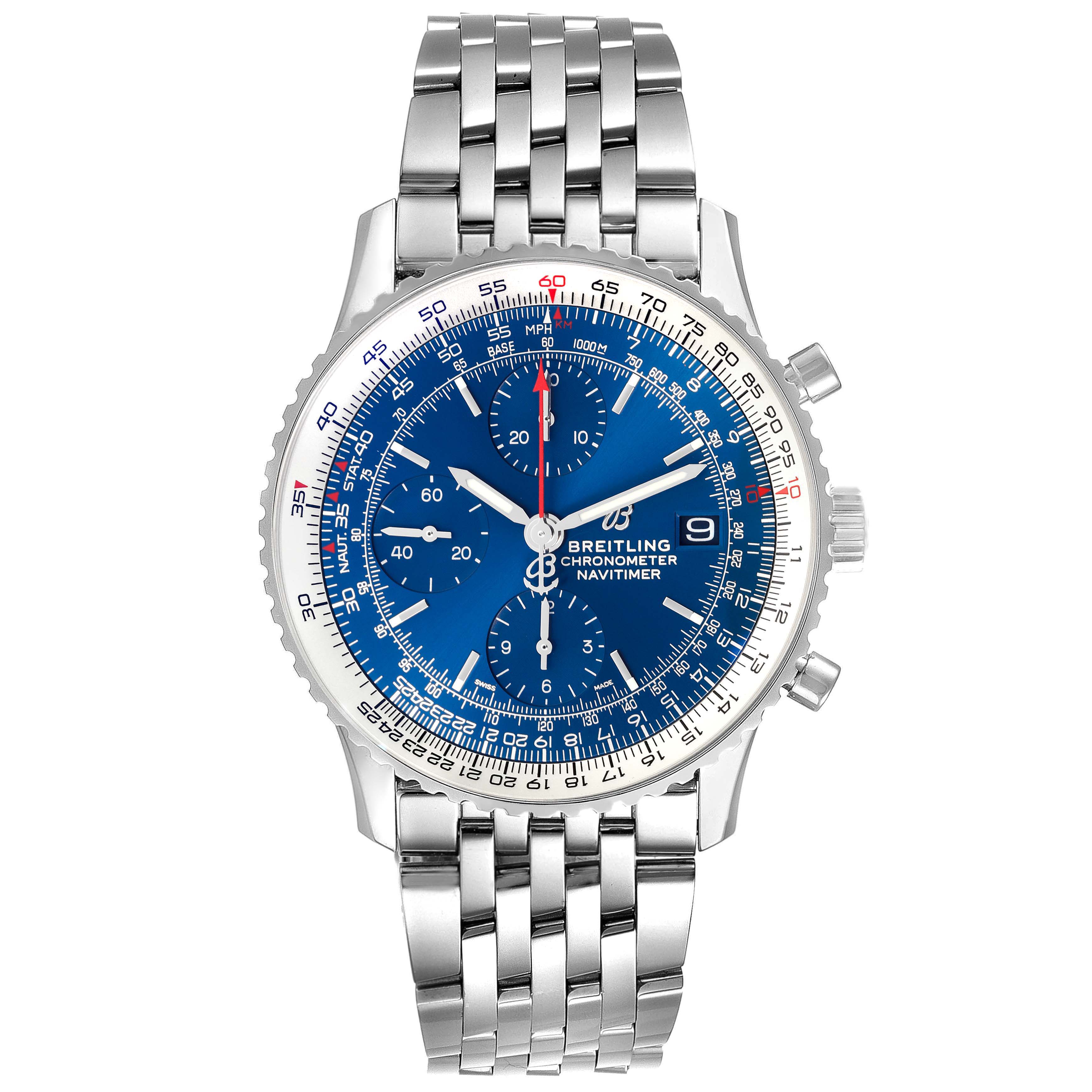 The Breitling Navitimer A13324 Men
s Stainless Steel Blue Dial A13324 Men
s Stainless Steel Blue Dial watch is shown from a front angle, displaying the face, bezel, and bracelet.