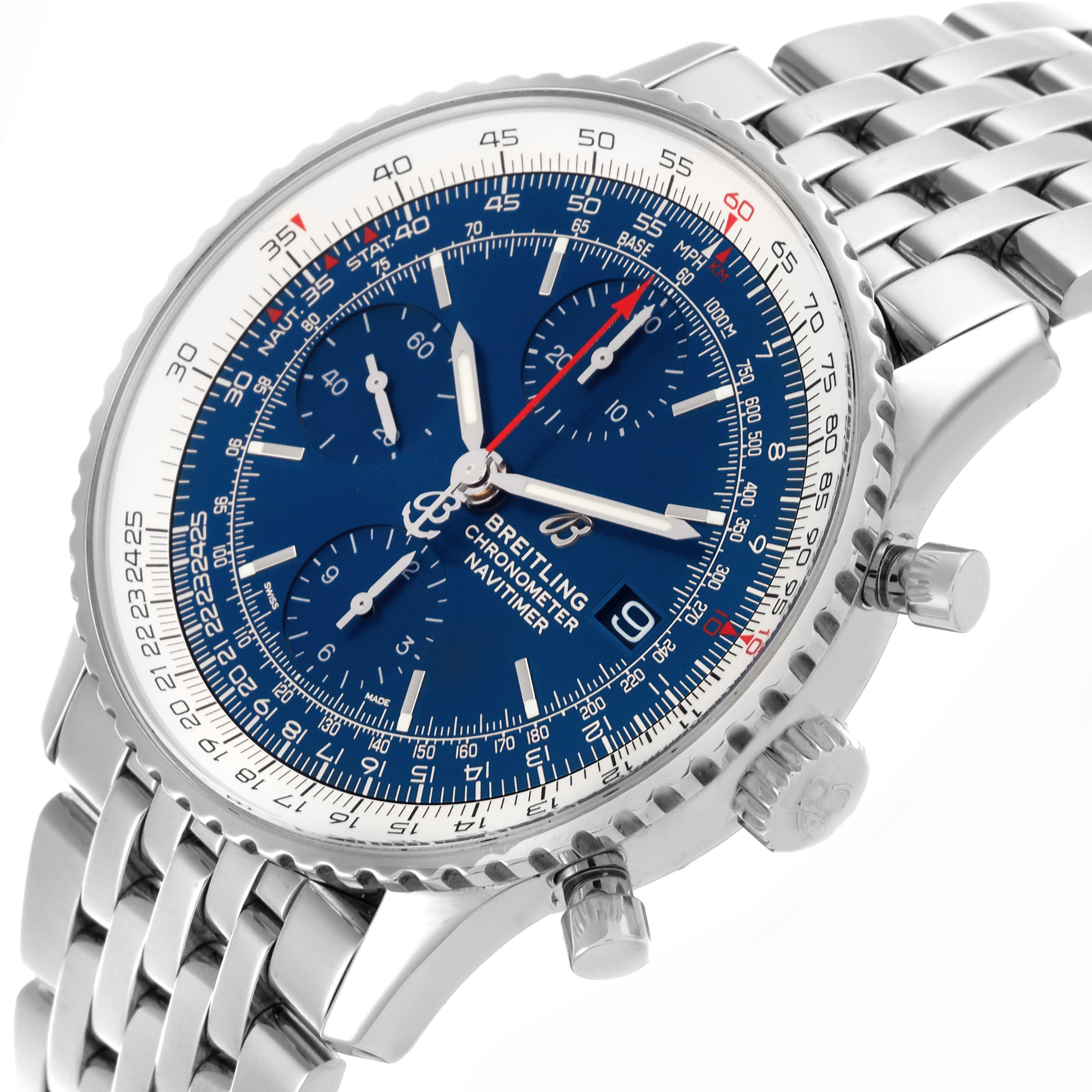The Breitling Navitimer A13324 Men
s Stainless Steel Blue Dial A13324 Men
s Stainless Steel Blue Dial is shown at an angle highlighting the face, bezel, crown, and part of the bracelet.
