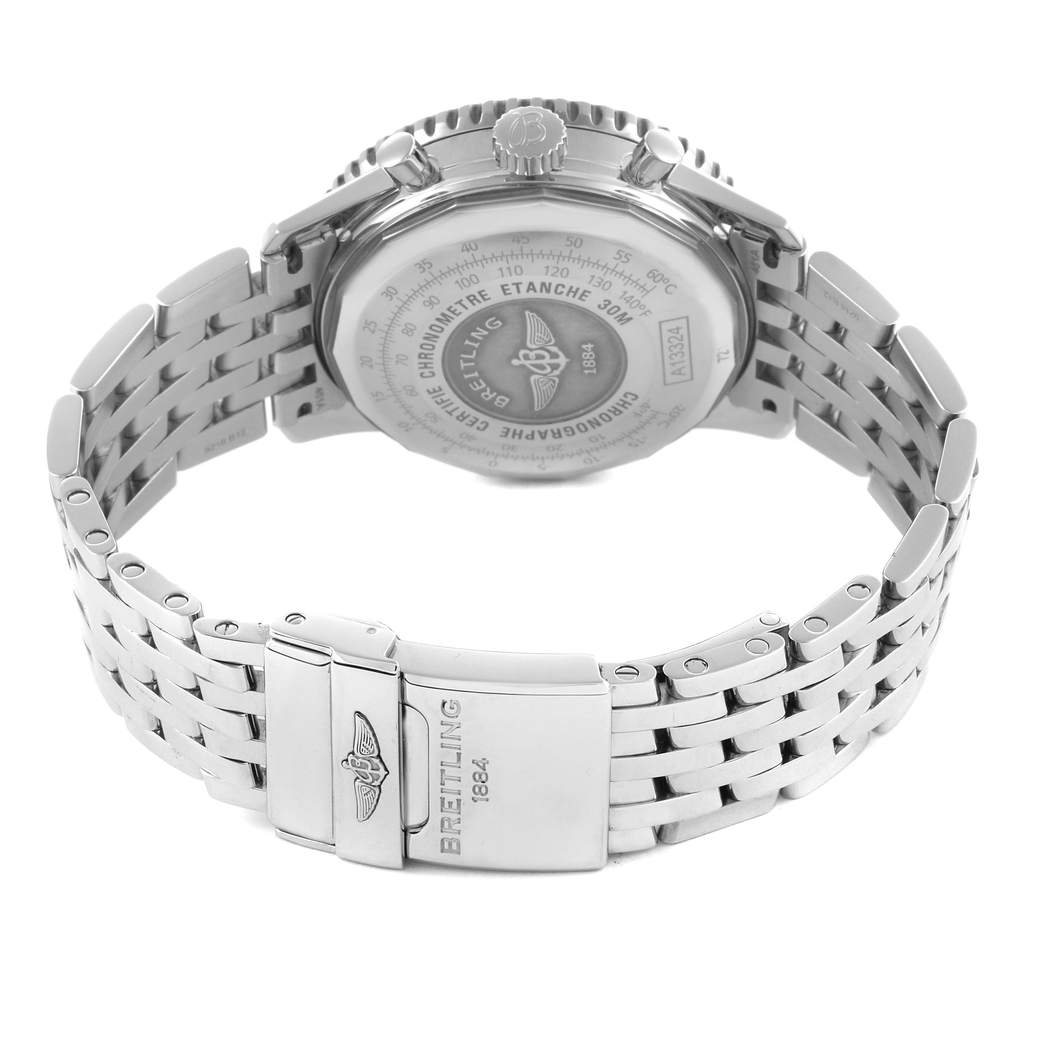 The image shows the back and clasp of a Breitling Navitimer A13324 Men
s Stainless Steel Blue Dial A13324 Men
s Stainless Steel Blue Dial watch, featuring its stainless steel bracelet.