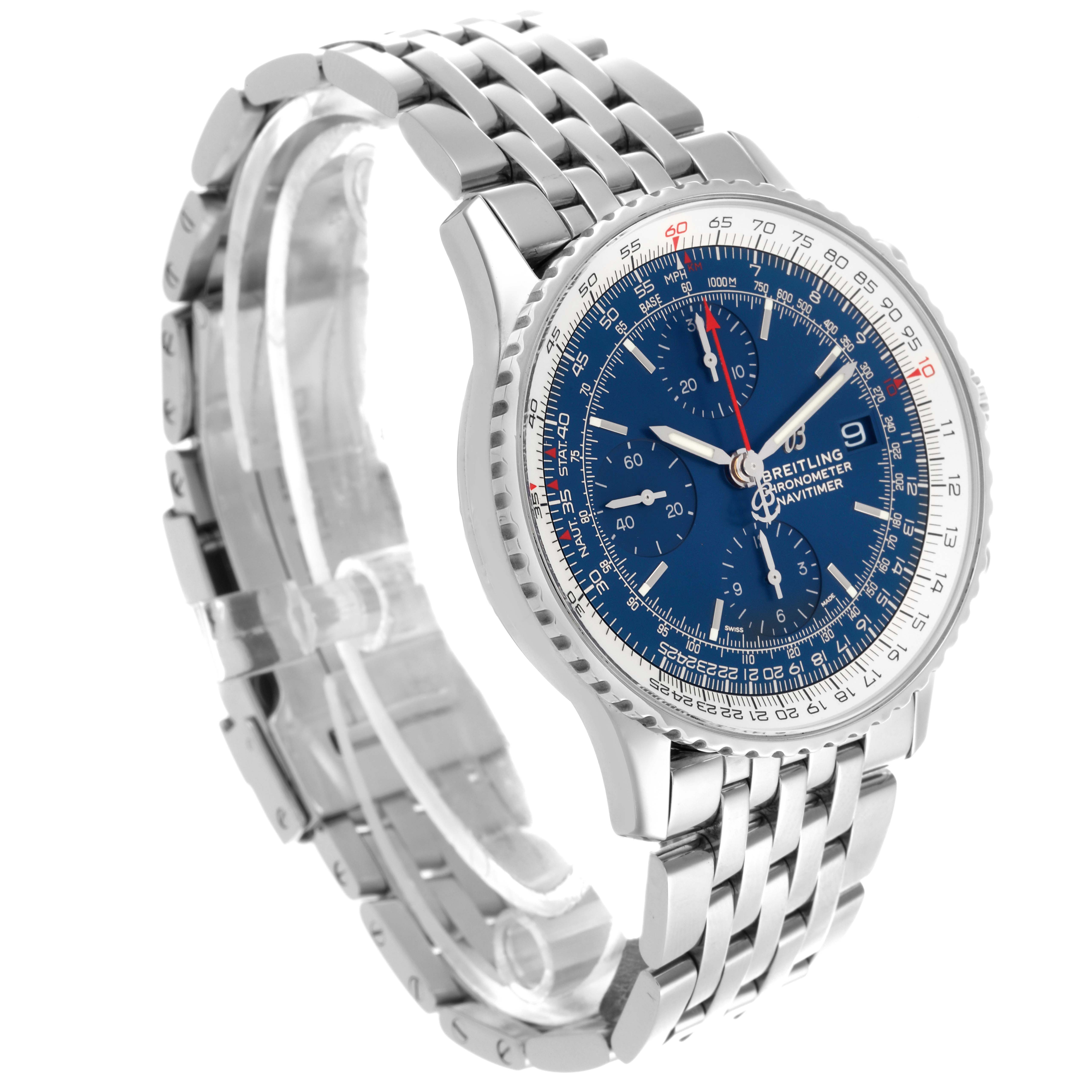 The Breitling Navitimer A13324 Men
s Stainless Steel Blue Dial A13324 Men
s Stainless Steel Blue Dial watch is shown at a slight angle, displaying the blue dial, bezel, and metal bracelet.