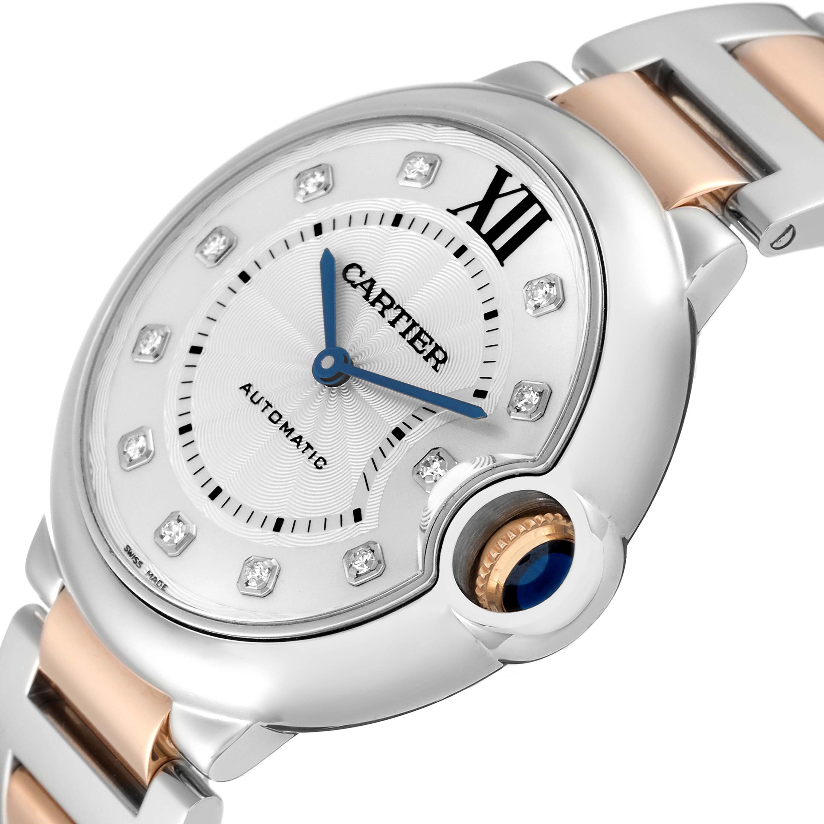 The image shows a close-up view of the Cartier Ballon Bleu W3BB0018 Women's Steel and Gold (two tone) Silver Dial W3BB0018 Women's Steel and Gold (two tone) Silver Dial model watch, highlighting the dial, hands, and part of the two-tone bracelet.