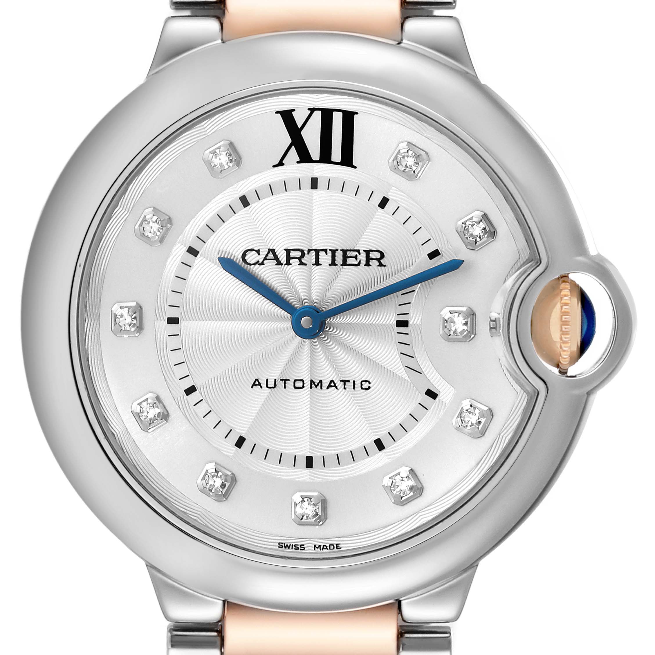 The image shows a close-up of the dial and crown of a Ballon Bleu model by Cartier.