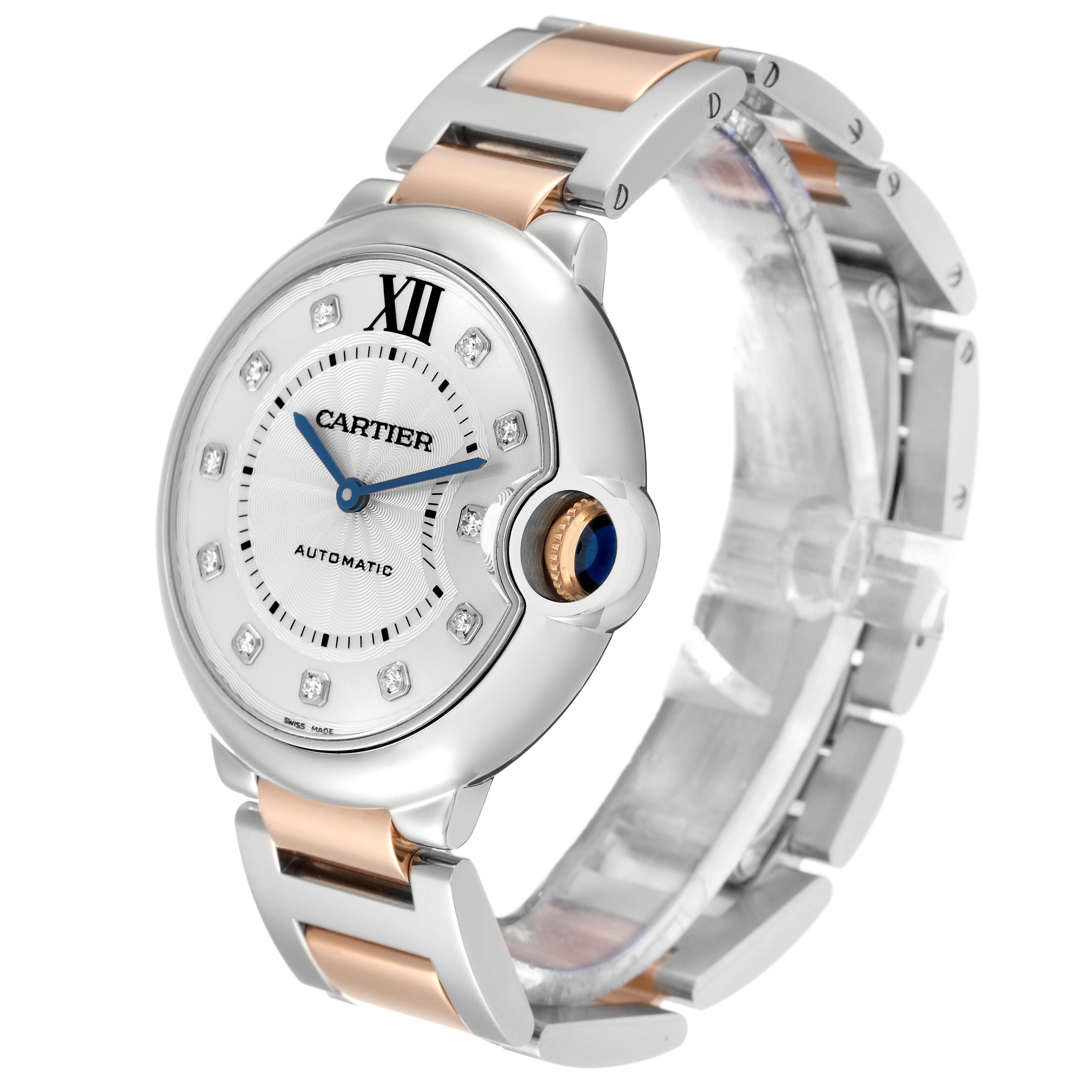 The Cartier Ballon Bleu W3BB0018 Women's Steel and Gold (two tone) Silver Dial W3BB0018 Women's Steel and Gold (two tone) Silver Dial watch is shown at an angle showcasing its face, bezel, and part of its bracelet.