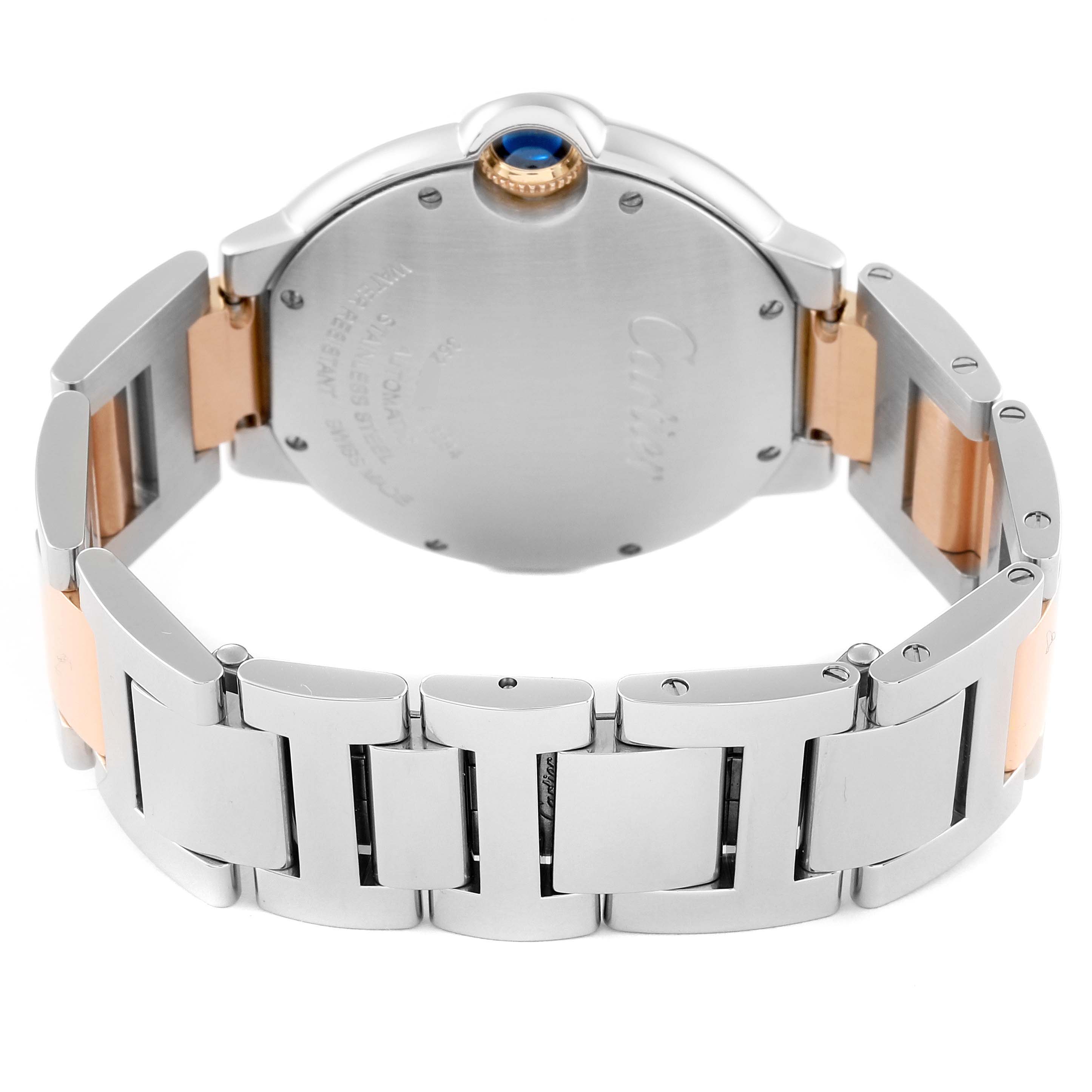 This image shows the back view of the Cartier Ballon Bleu W3BB0018 Women's Steel and Gold (two tone) Silver Dial W3BB0018 Women's Steel and Gold (two tone) Silver Dial watch, including the case back and part of the bracelet.