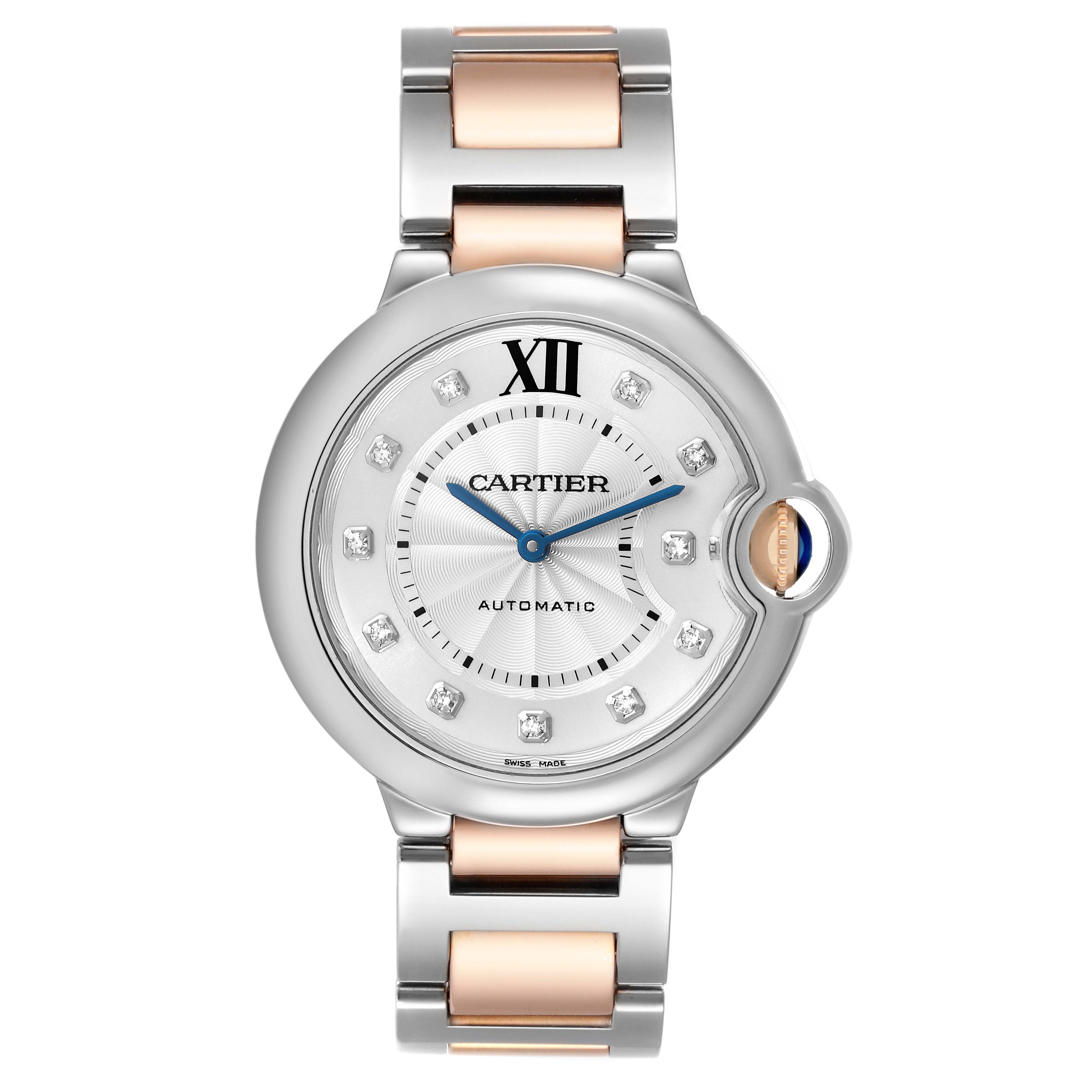 The image shows a front view of a Cartier Ballon Bleu W3BB0018 Women's Steel and Gold (two tone) Silver Dial W3BB0018 Women's Steel and Gold (two tone) Silver Dial watch, displaying its face and bracelet.