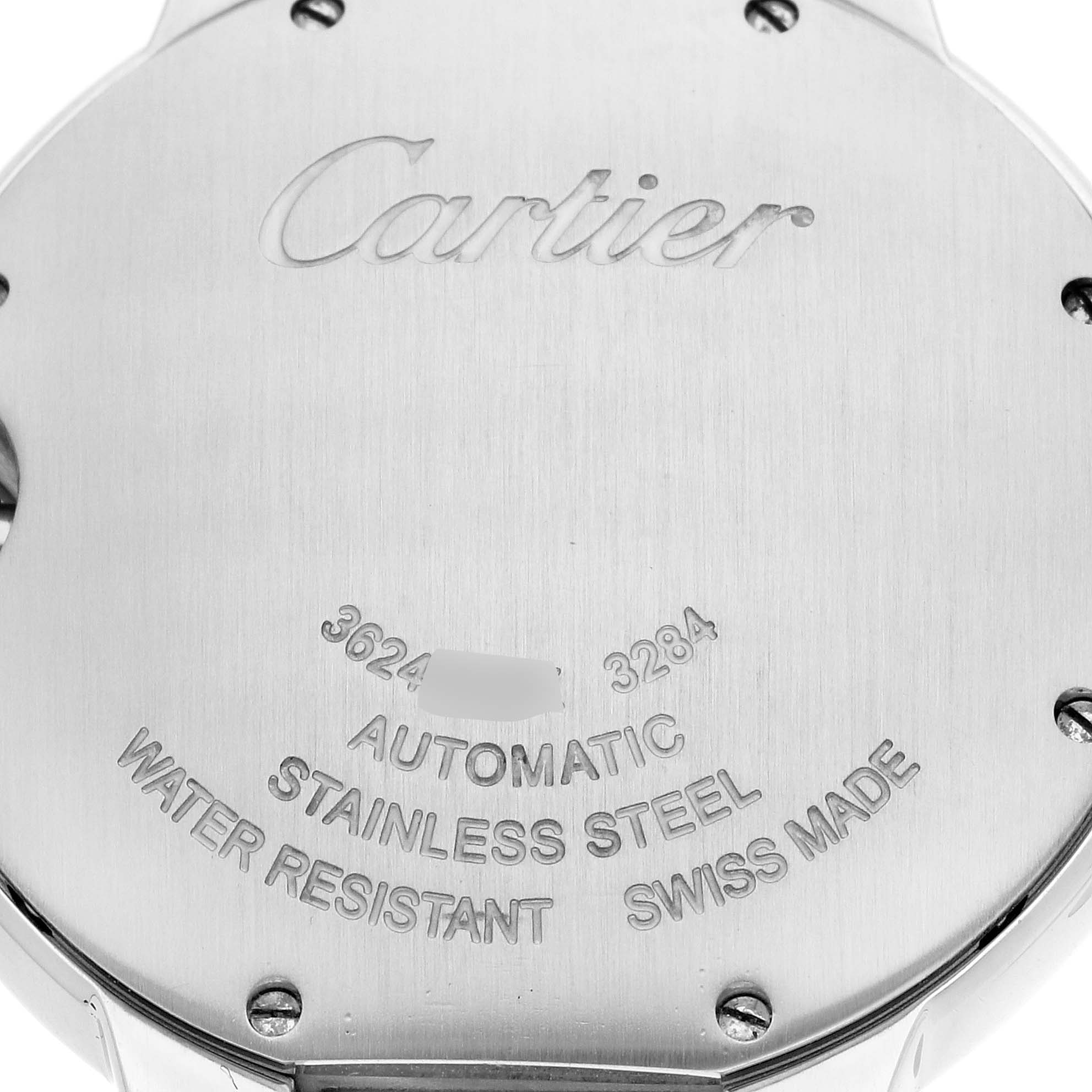 This image shows the case back of a Cartier Ballon Bleu W3BB0018 Women's Steel and Gold (two tone) Silver Dial W3BB0018 Women's Steel and Gold (two tone) Silver Dial watch, featuring engravings of the brand name, model details, and specifications.