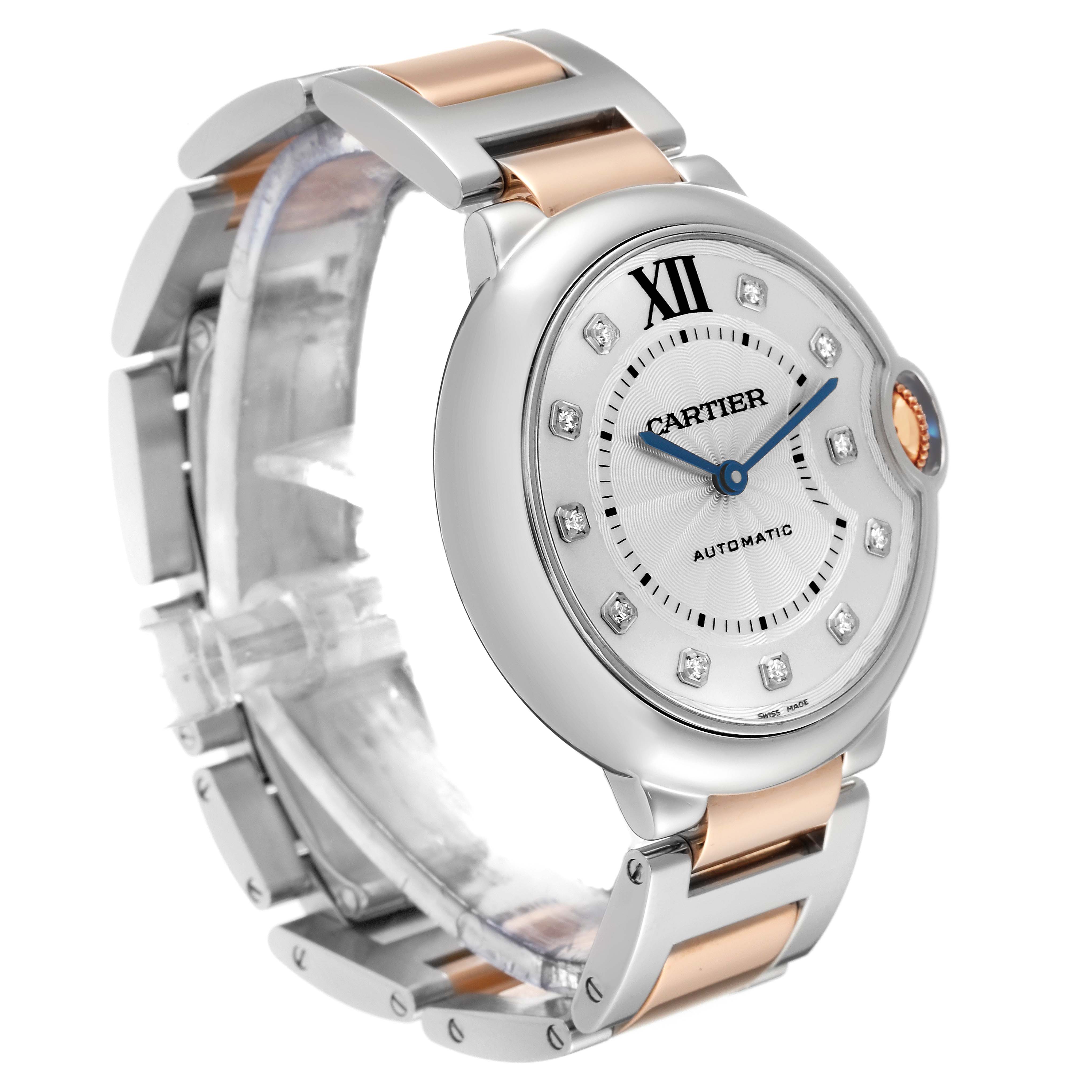 The image shows a side angle of the Cartier Ballon Bleu W3BB0018 Women's Steel and Gold (two tone) Silver Dial W3BB0018 Women's Steel and Gold (two tone) Silver Dial watch, highlighting its bracelet, dial, and crown.