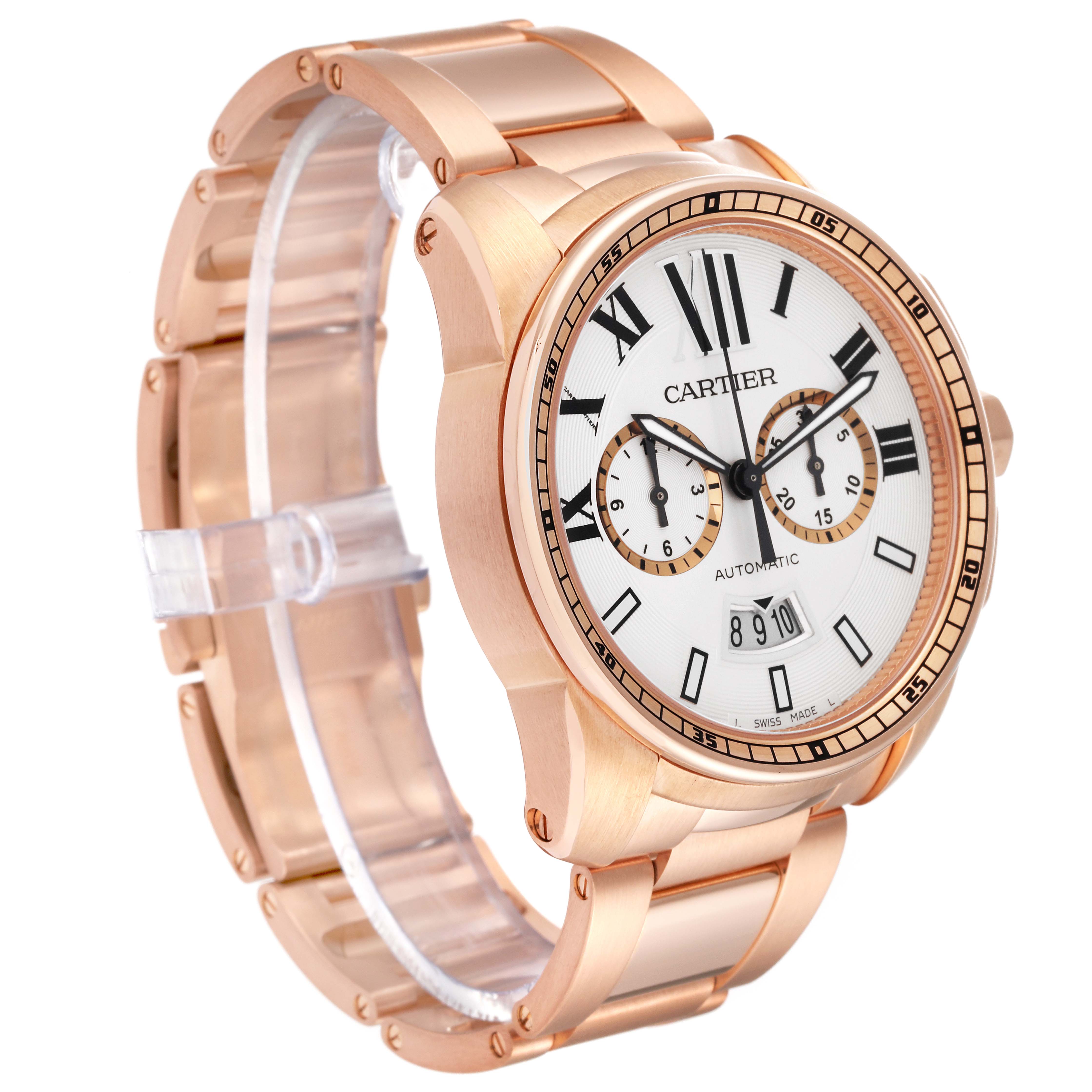 The image shows a rose gold Calibre de Cartier watch by Cartier from a three-quarter angle.