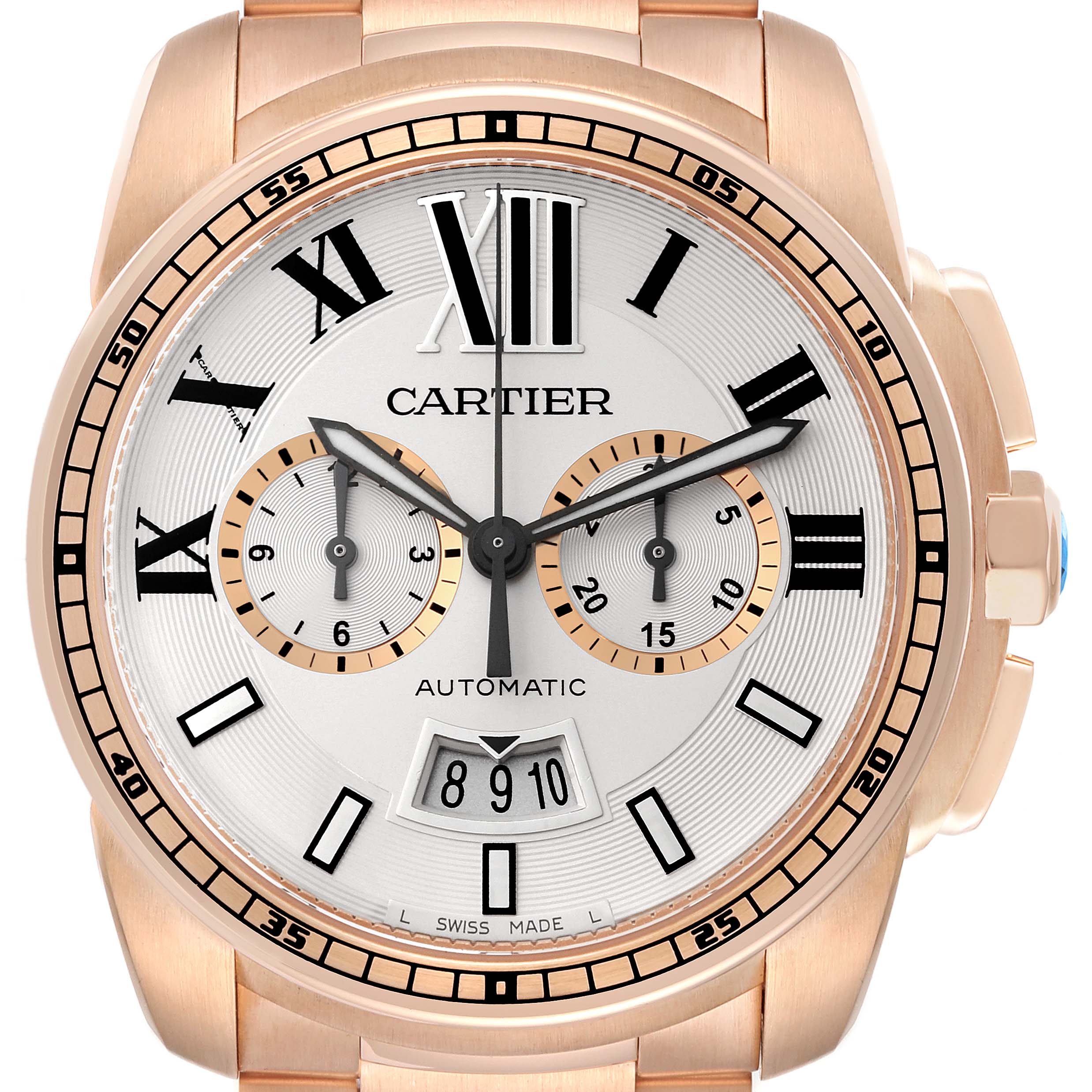 This image shows a frontal view of the Calibre de Cartier watch by Cartier, highlighting the dial, hands, subdials, and date display.