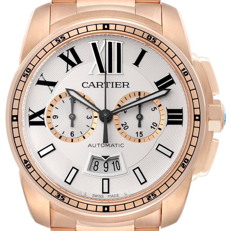Cartier Calibre Silver Dial Rose Gold Chronograph Mens Watch W7100047 Papers SwissWatchExpo