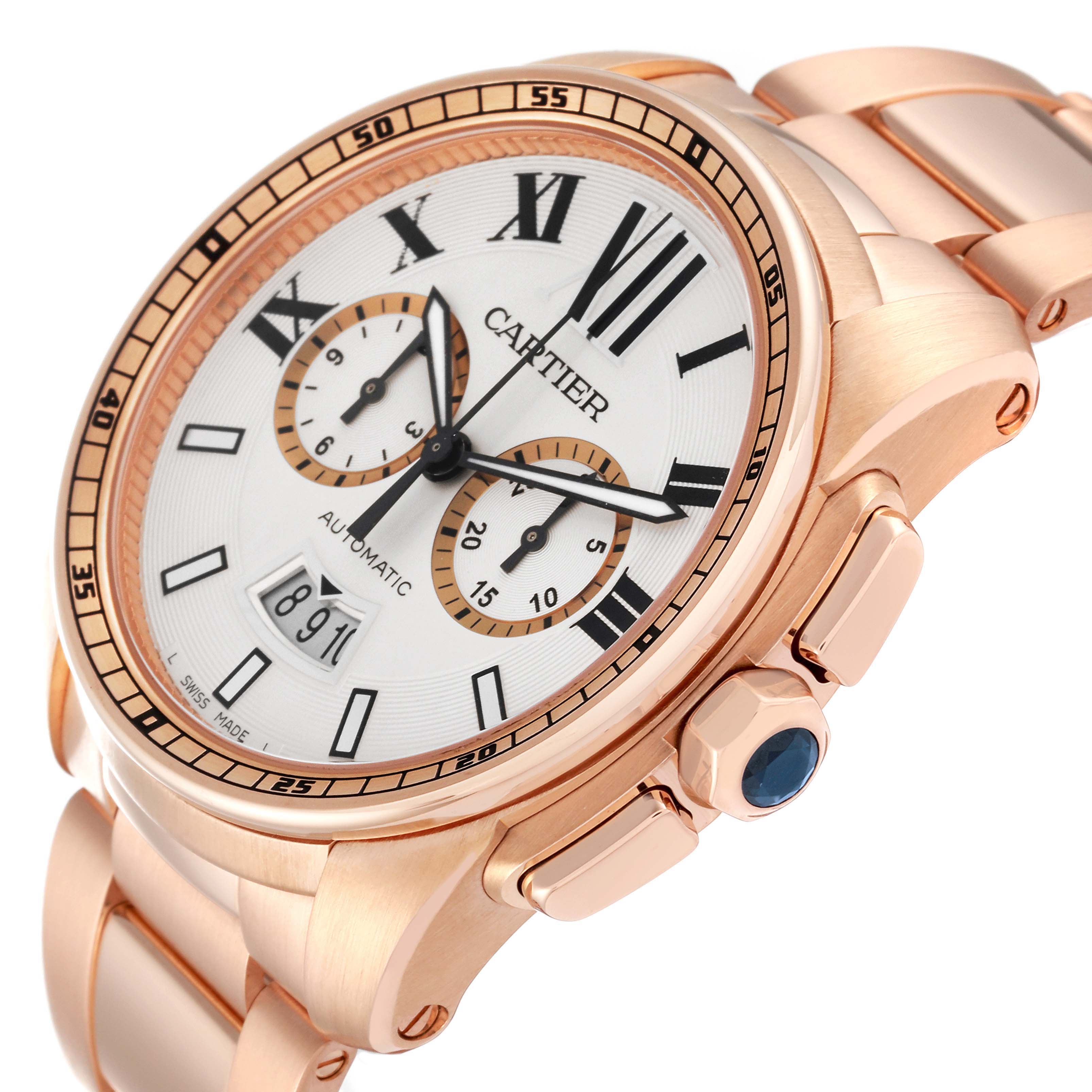 The image shows a Calibre de Cartier watch by Cartier from an angled side view, highlighting the crown, dial, and rose gold bracelet.