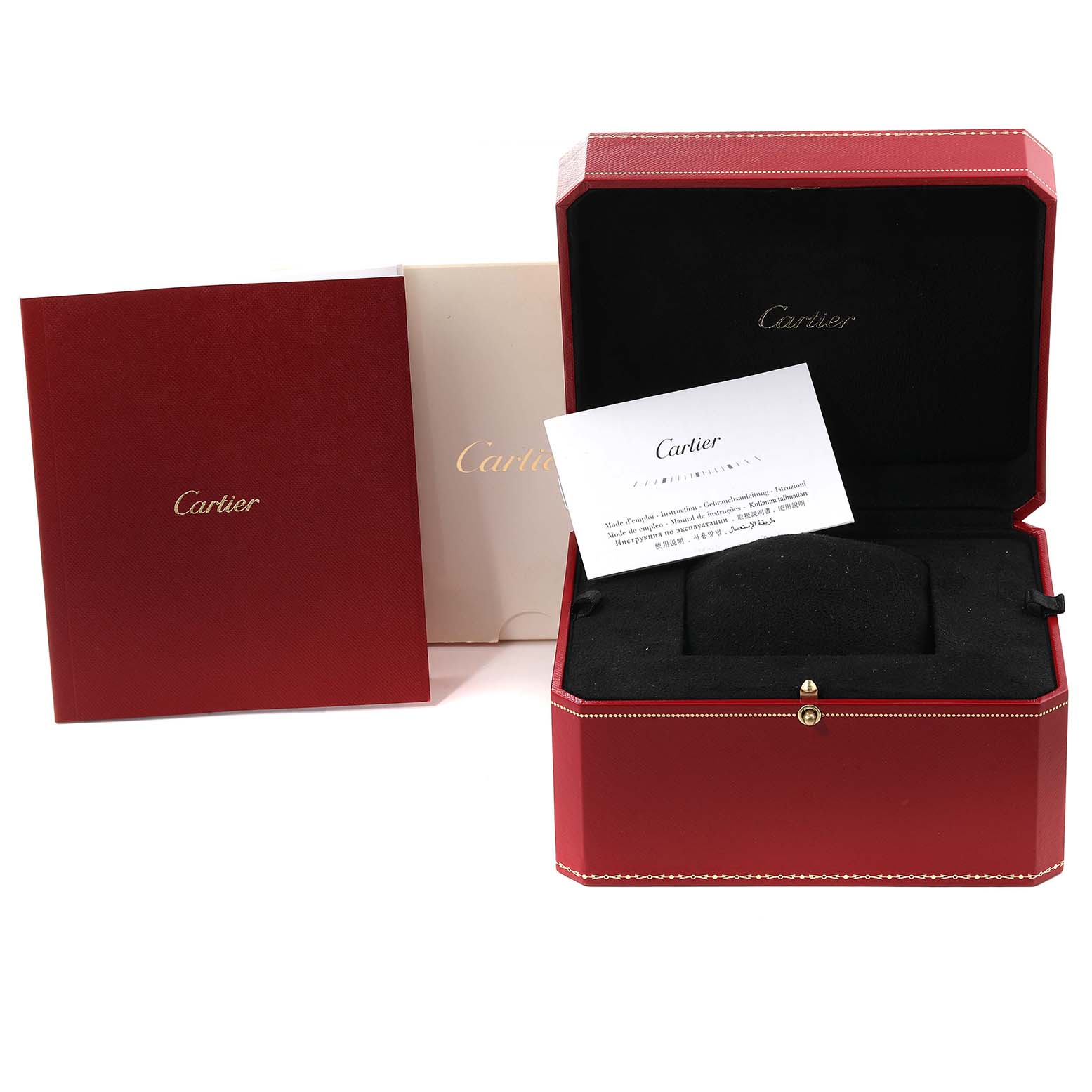 The image shows the presentation box and packaging for the Drive de Cartier watch by Cartier, including the box, booklet, and a card.
