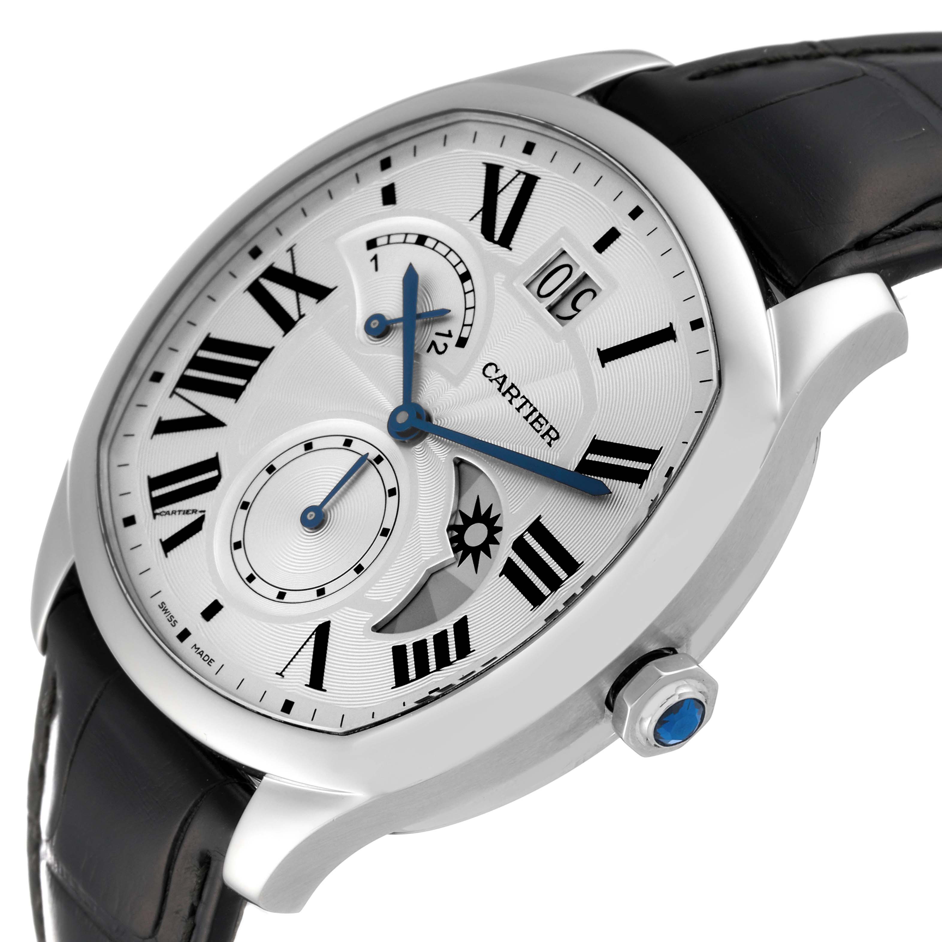 The image shows a Drive de Cartier watch by Cartier from an angled top view, displaying its dial, Roman numerals, and black leather strap.