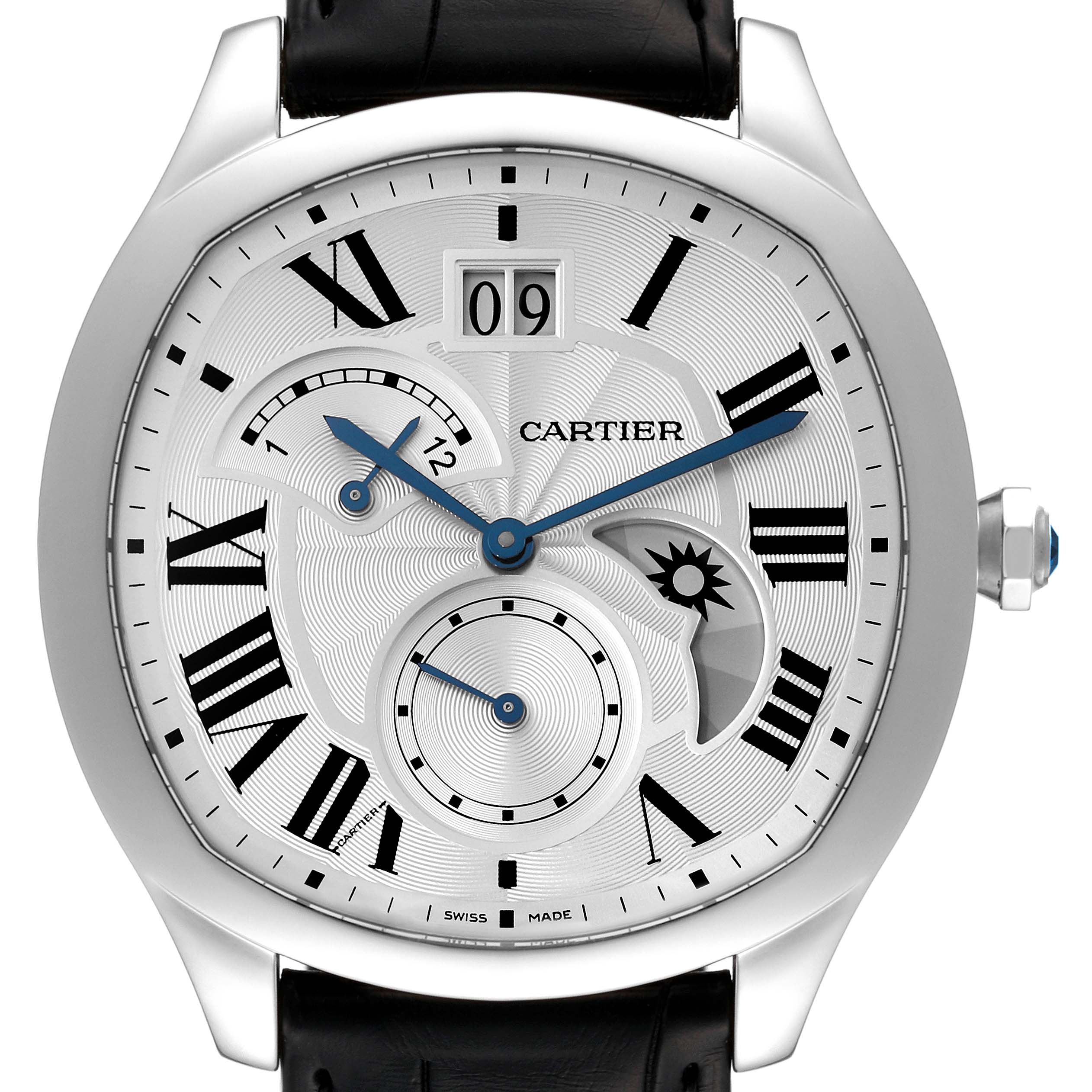The image shows the face of a Drive de Cartier watch by Cartier, displaying its dials, Roman numerals, and date window.