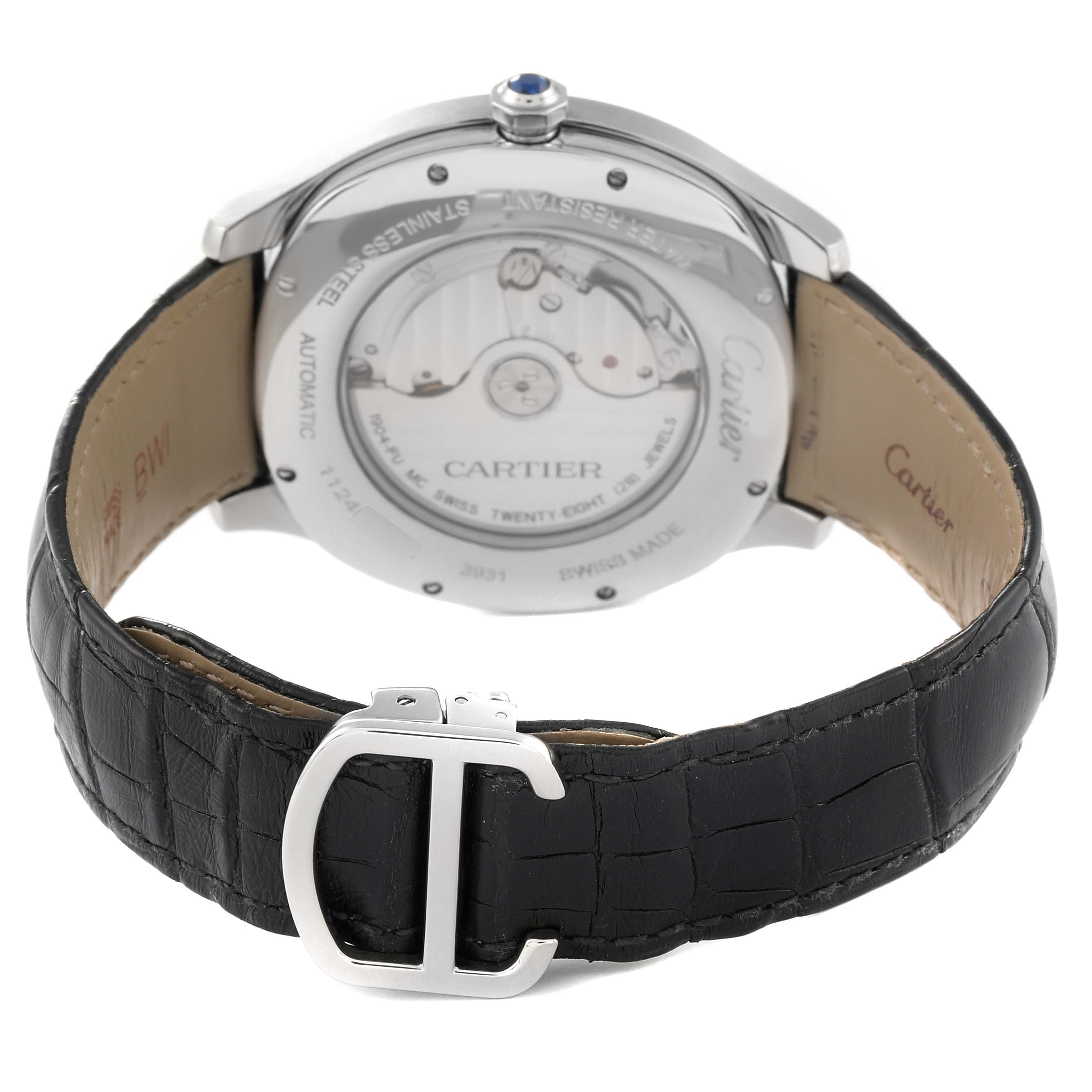 The image shows the back view of the Drive de Cartier watch by Cartier, highlighting the movement mechanism and black leather strap.