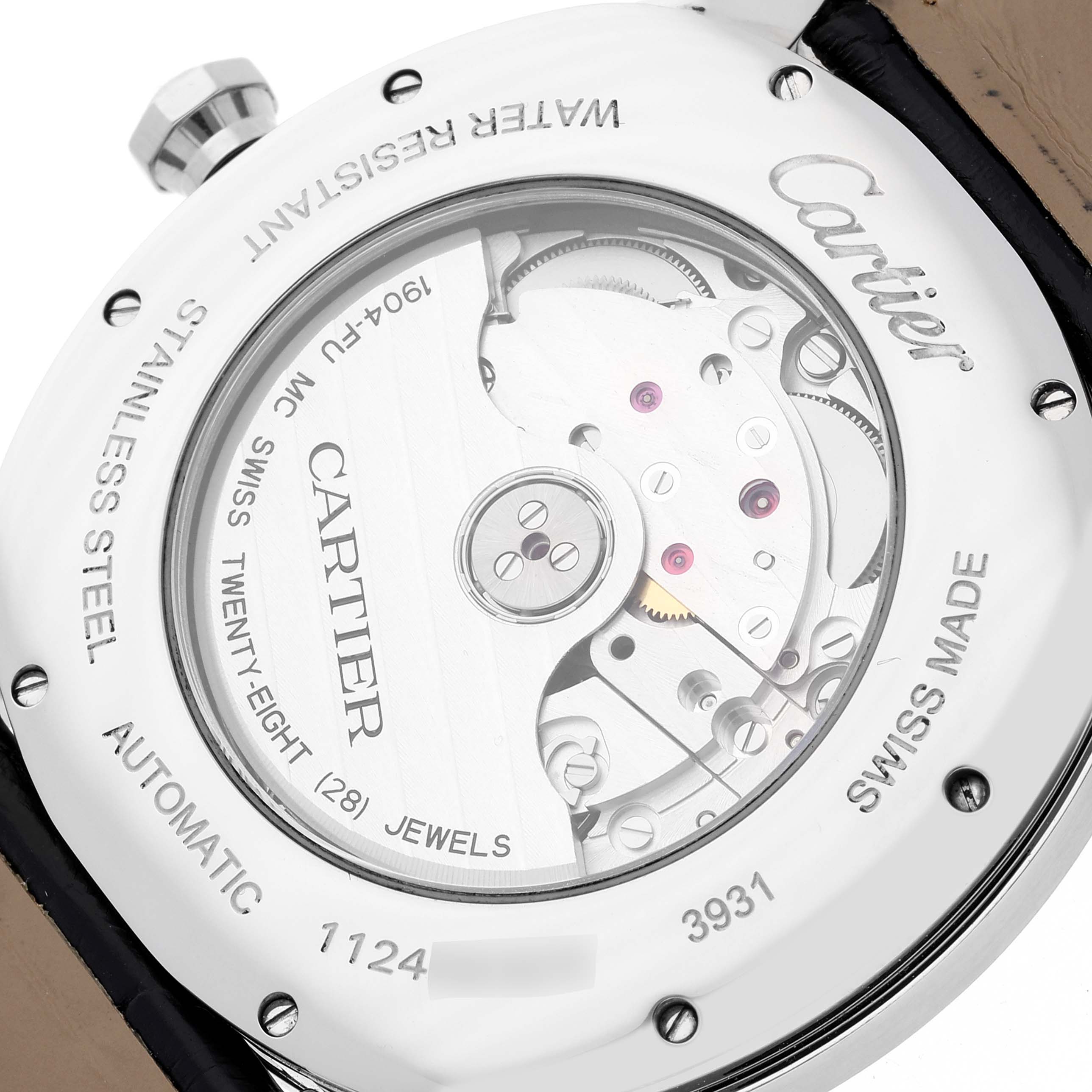 This image shows the back of the Drive de Cartier watch by Cartier, highlighting its automatic movement and mechanical parts.