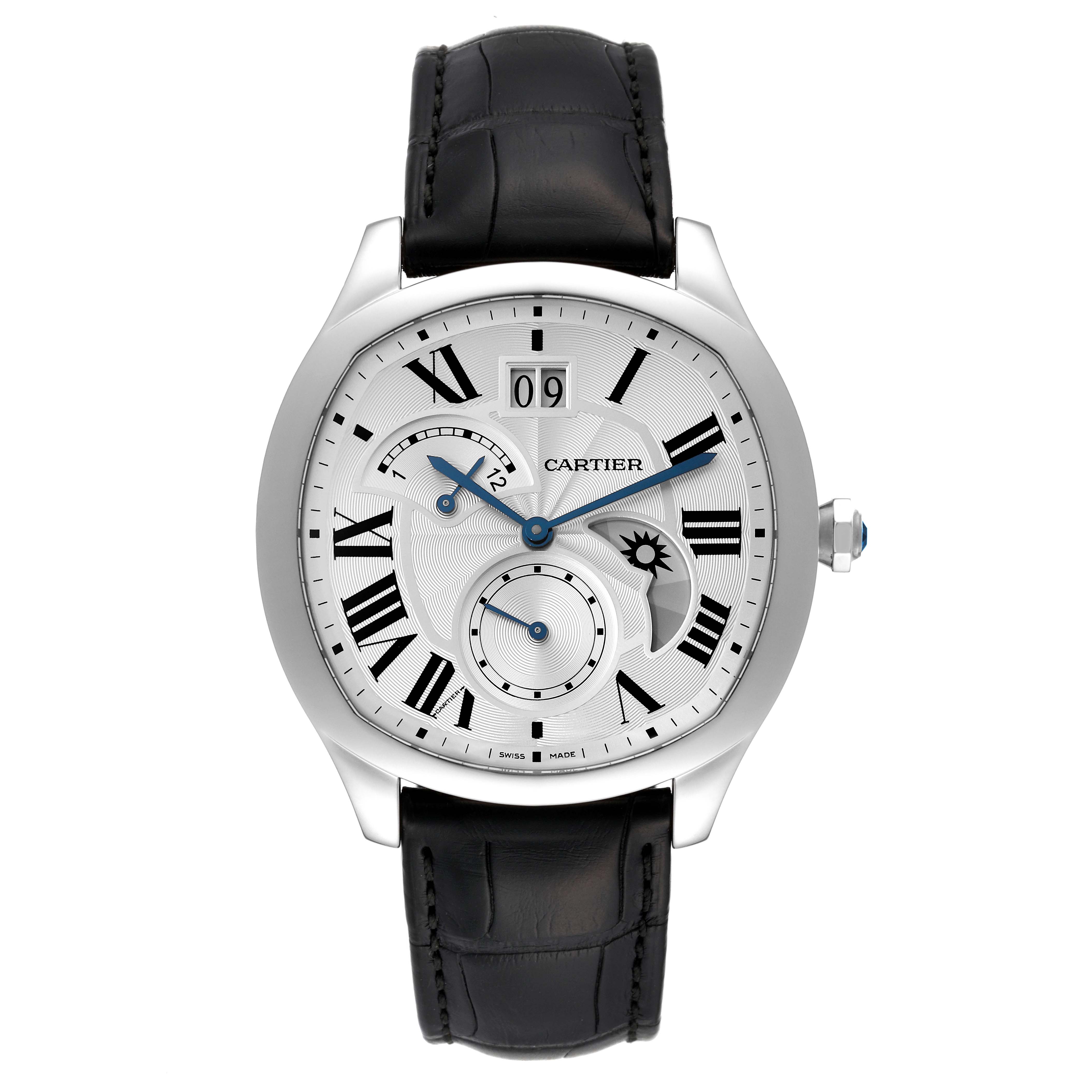 The image shows a front view of the Drive de Cartier watch by Cartier, featuring a white dial and black leather strap.