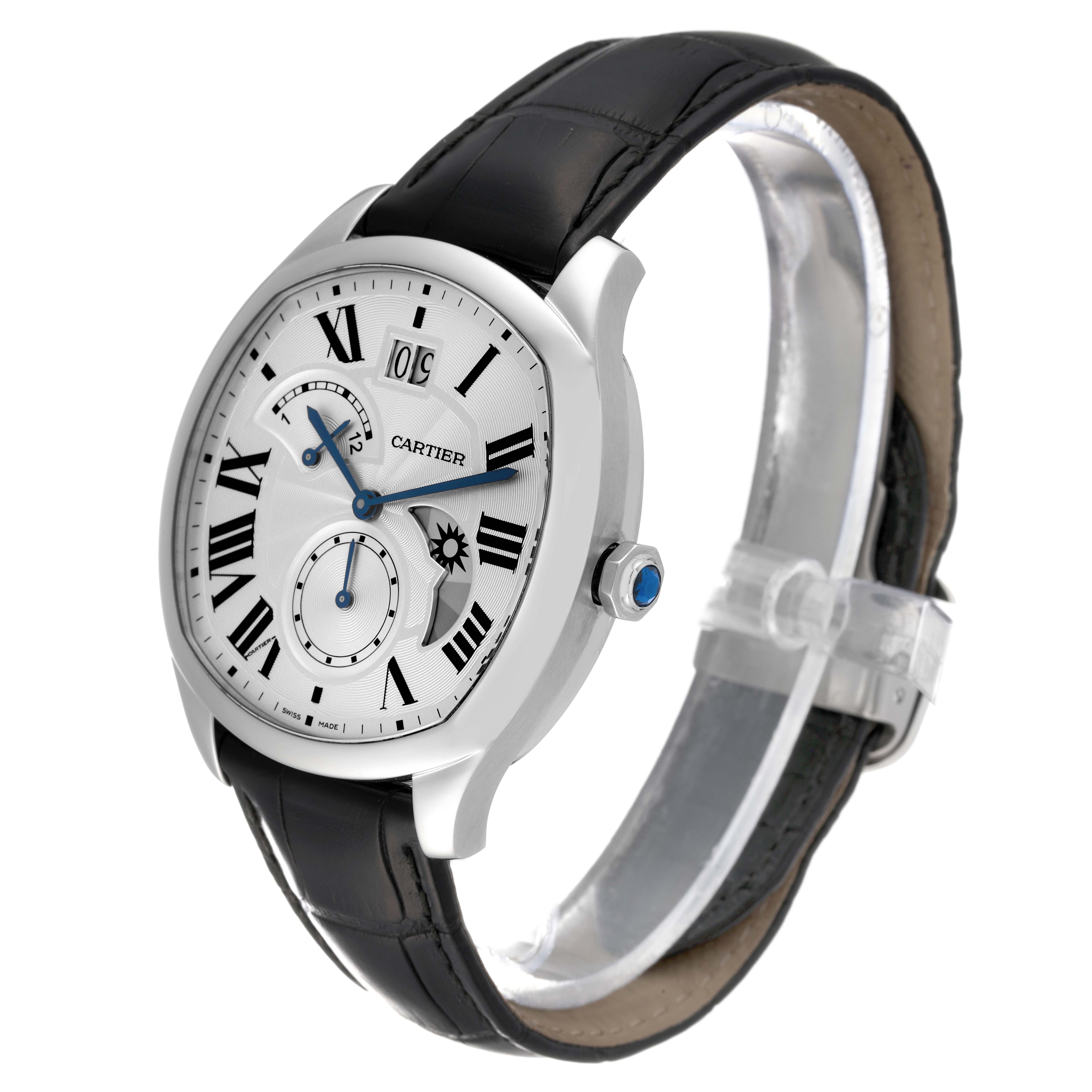 The image shows the Drive de Cartier watch by Cartier from a front-side angle, featuring its face, strap, and crown.