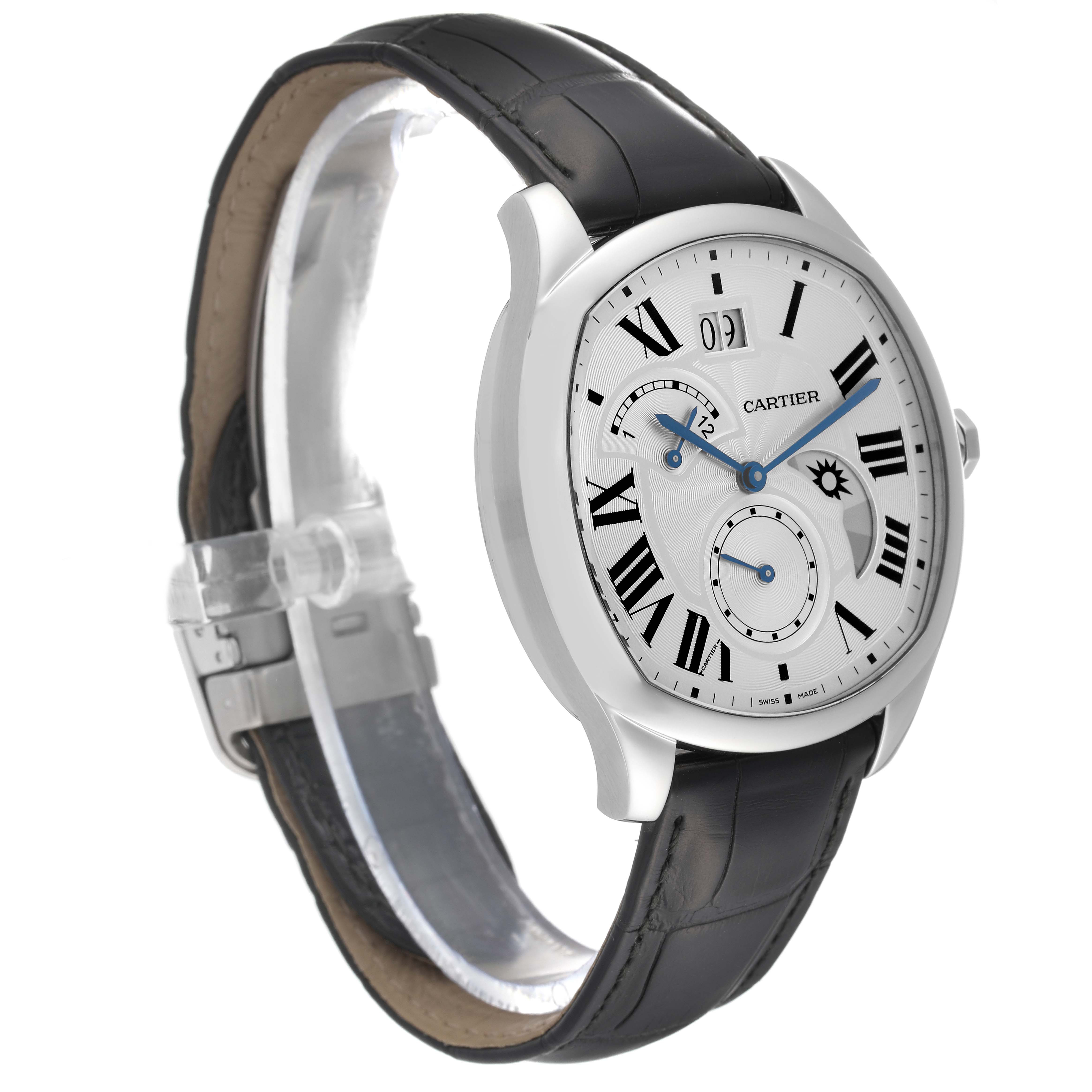 This is a Drive de Cartier model by Cartier viewed at a slight angle, prominently displaying the watch face, leather strap, and clasp.
