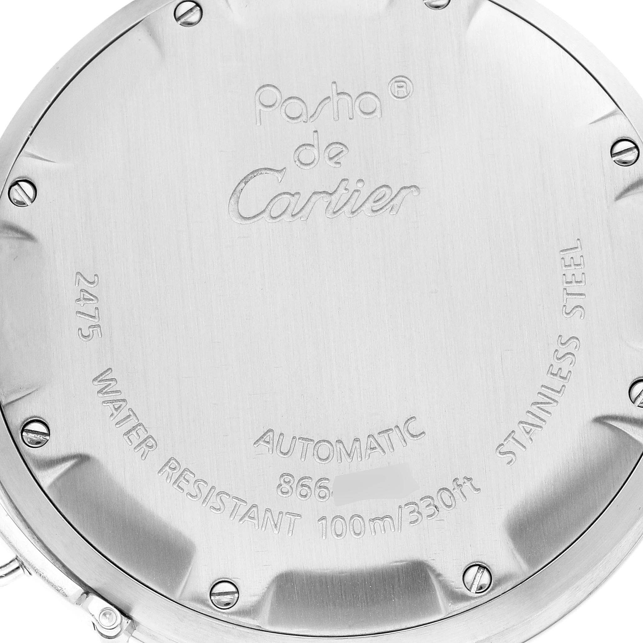 This is a view of the back case of a Cartier Pasha W31044M7 Men's Stainless Steel White Dial W31044M7 Men's Stainless Steel White Dial watch, showing the model details and specifications.