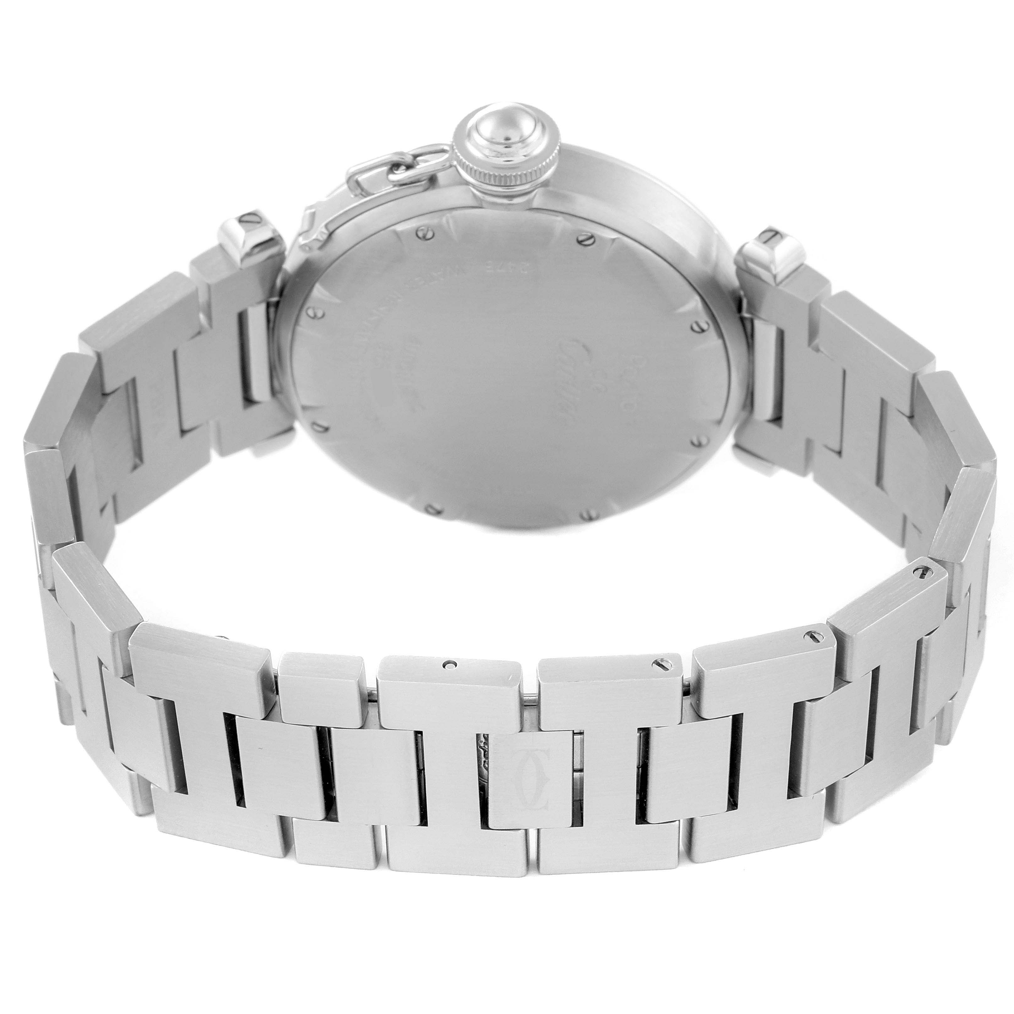 This image shows the back case and bracelet of the Cartier Pasha W31044M7 Men's Stainless Steel White Dial W31044M7 Men's Stainless Steel White Dial watch at a rear angle.