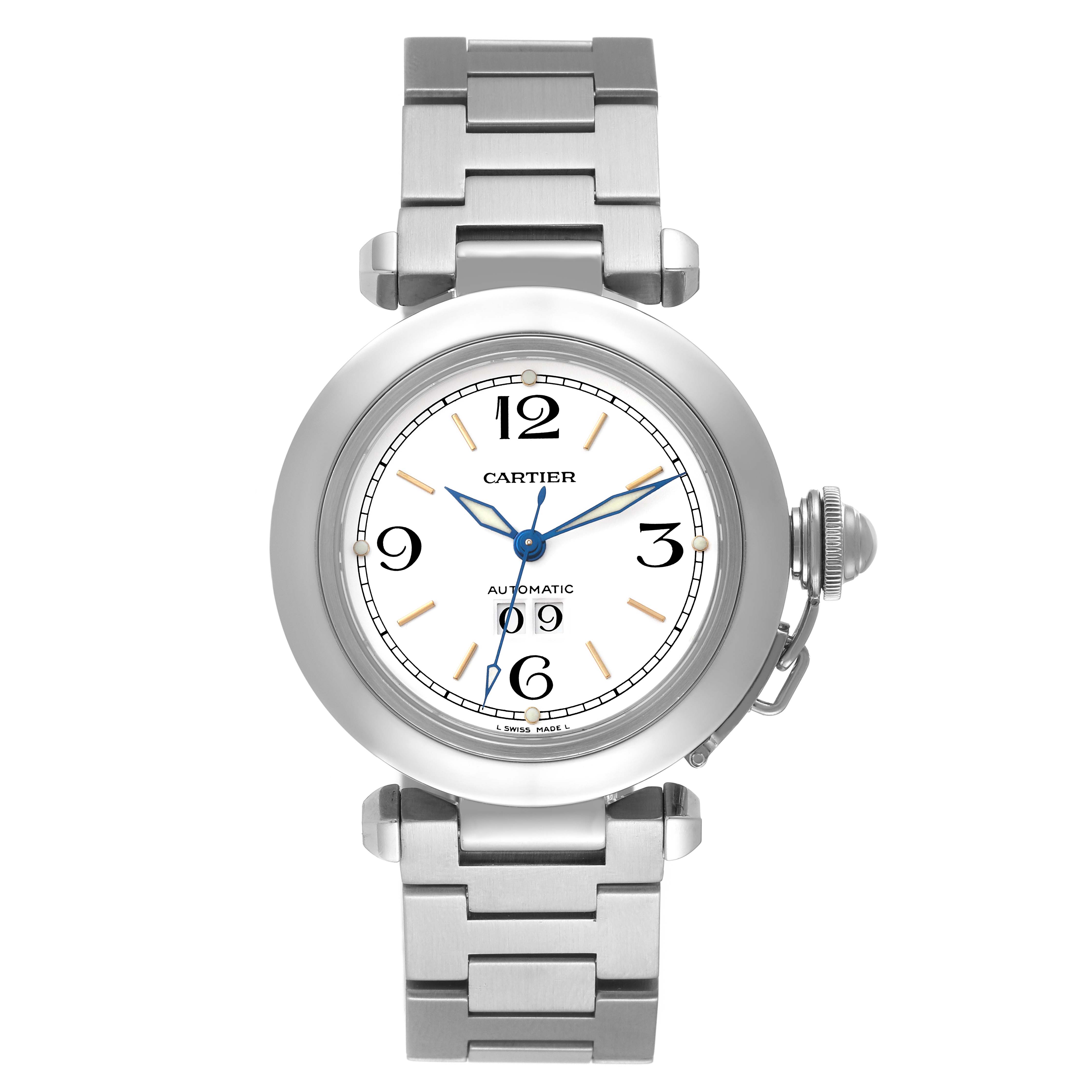 The image shows a frontal view of a Cartier Pasha W31044M7 Men's Stainless Steel White Dial W31044M7 Men's Stainless Steel White Dial watch, featuring its dial, bracelet, and a unique crown guard.