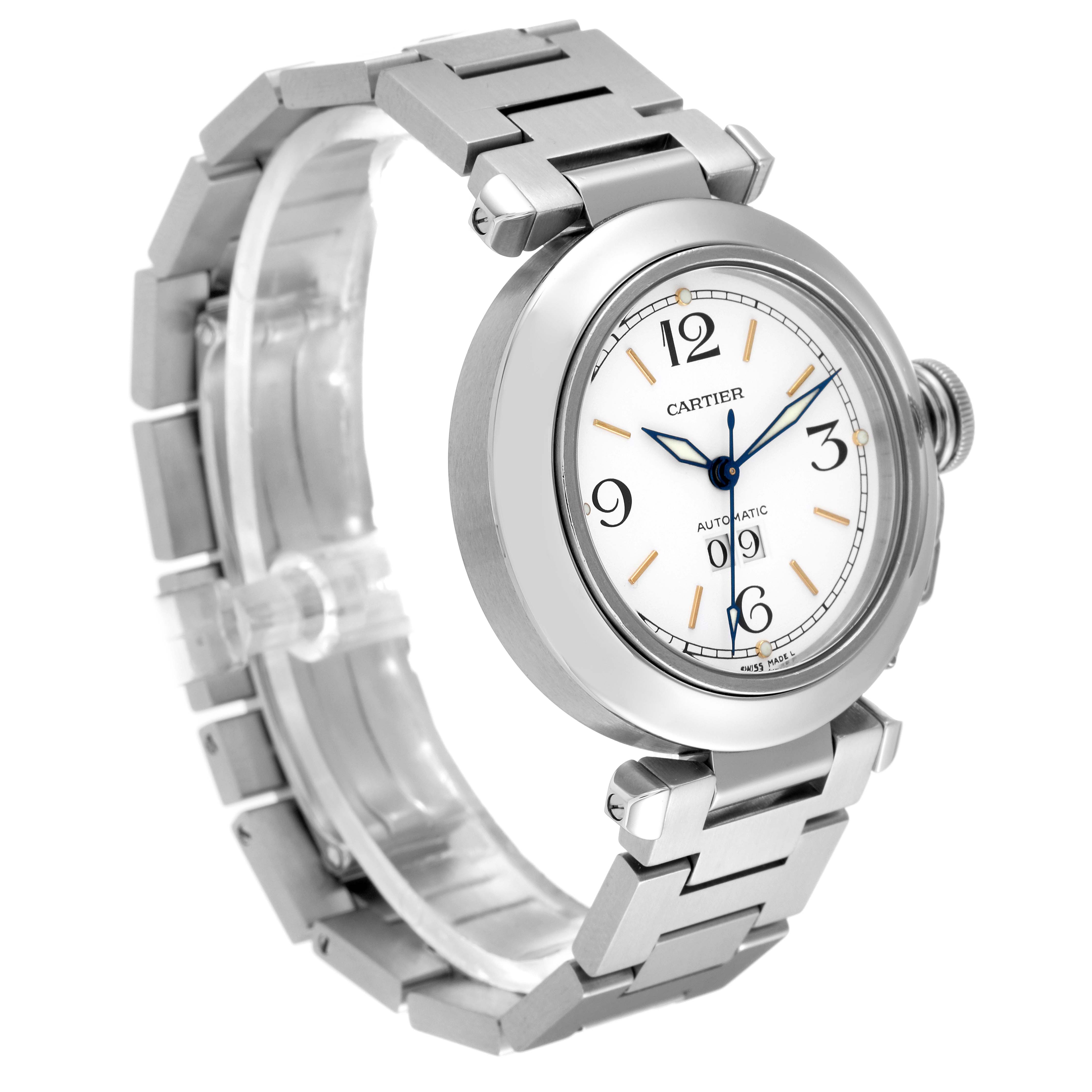 This image shows a side angle of the Cartier Pasha W31044M7 Men's Stainless Steel White Dial W31044M7 Men's Stainless Steel White Dial watch, highlighting the dial, crown, and metal bracelet.