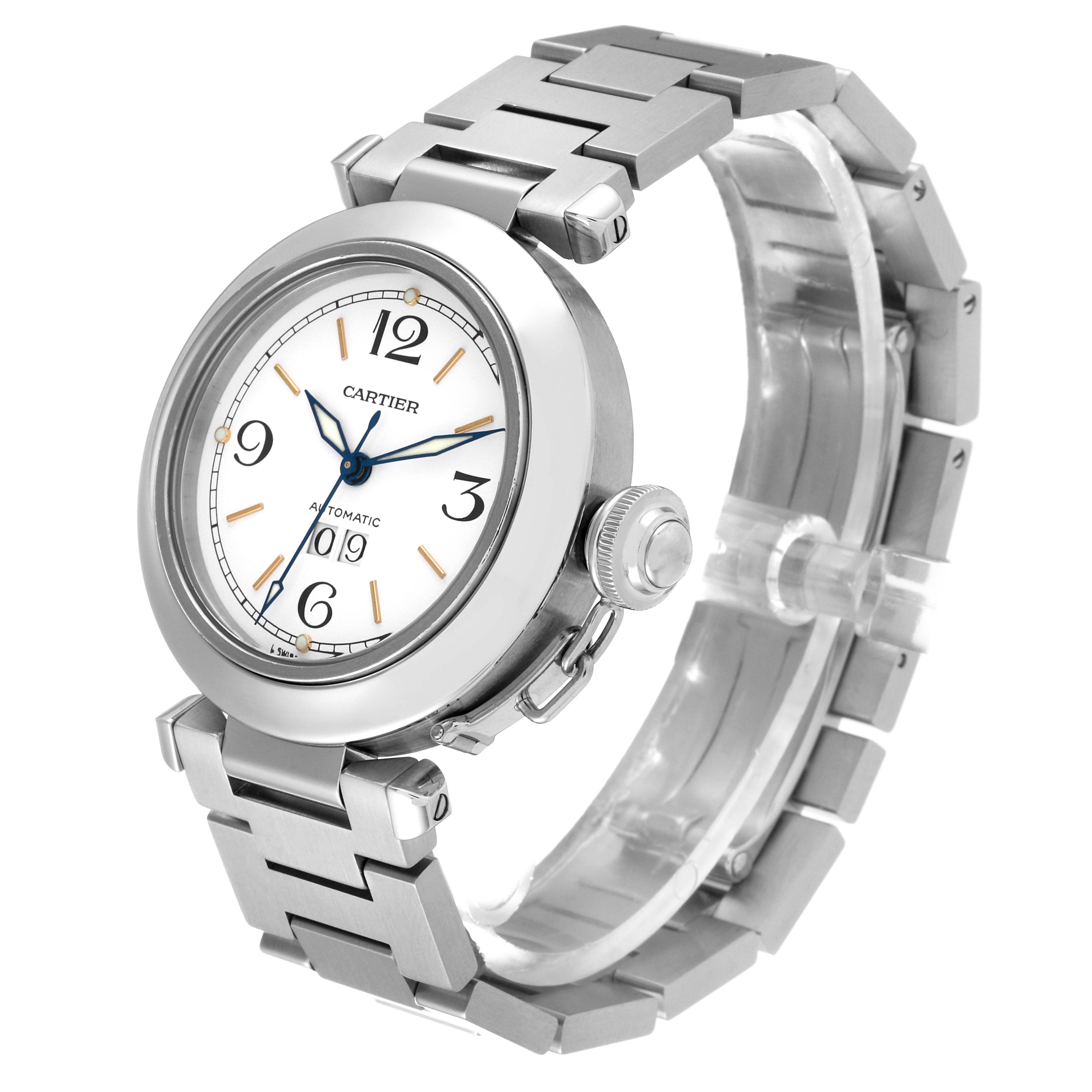 The Cartier Pasha W31044M7 Men's Stainless Steel White Dial W31044M7 Men's Stainless Steel White Dial watch is shown at a slight angle, displaying the front, watch face, crown, and metal bracelet.