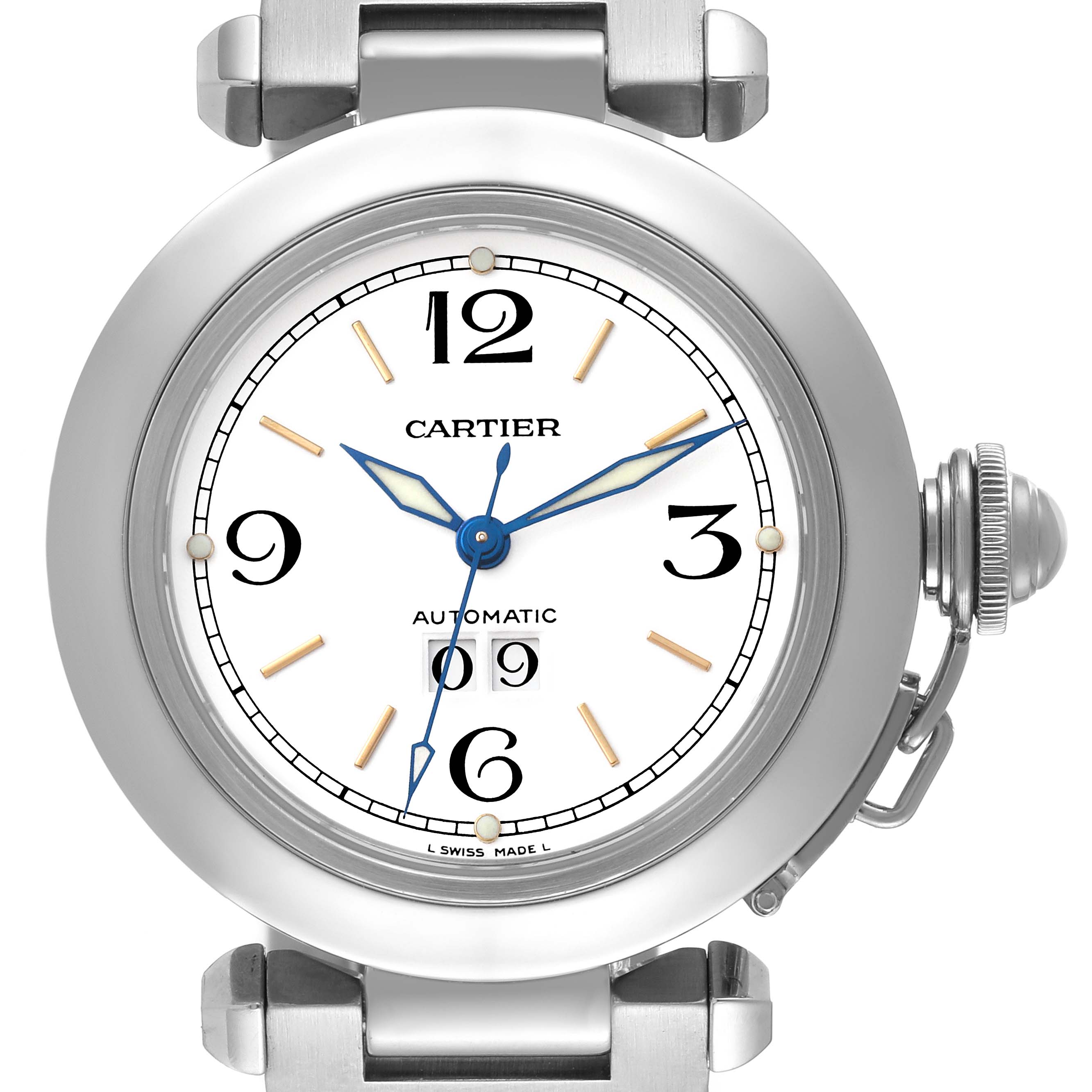 This is a front view of the Cartier Pasha W31044M7 Men's Stainless Steel White Dial W31044M7 Men's Stainless Steel White Dial watch, showing its round face, hour markers, and the crown on the right side.