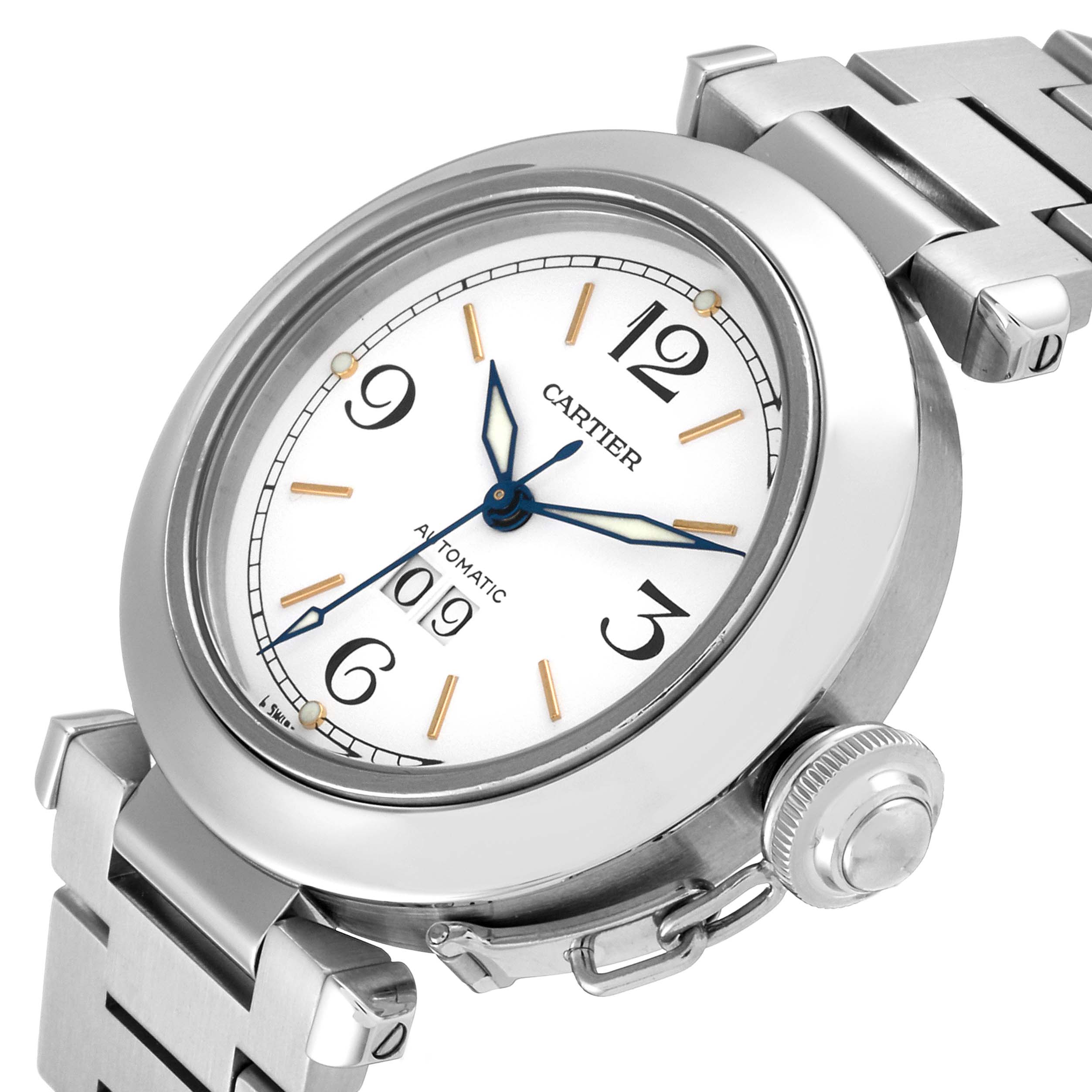 The image shows a close-up of the dial, crown, and part of the bracelet of a Cartier Pasha W31044M7 Men's Stainless Steel White Dial W31044M7 Men's Stainless Steel White Dial watch.