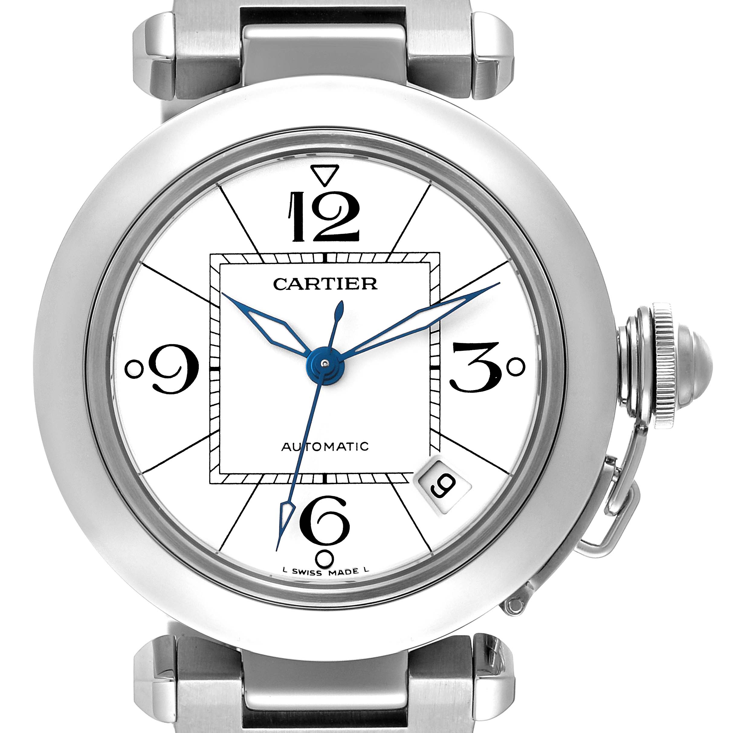 The image shows a front view of the Cartier Pasha W31074M7 Men's Stainless Steel White Dial W31074M7 Men's Stainless Steel White Dial model, highlighting its watch face, bezel, and crown.