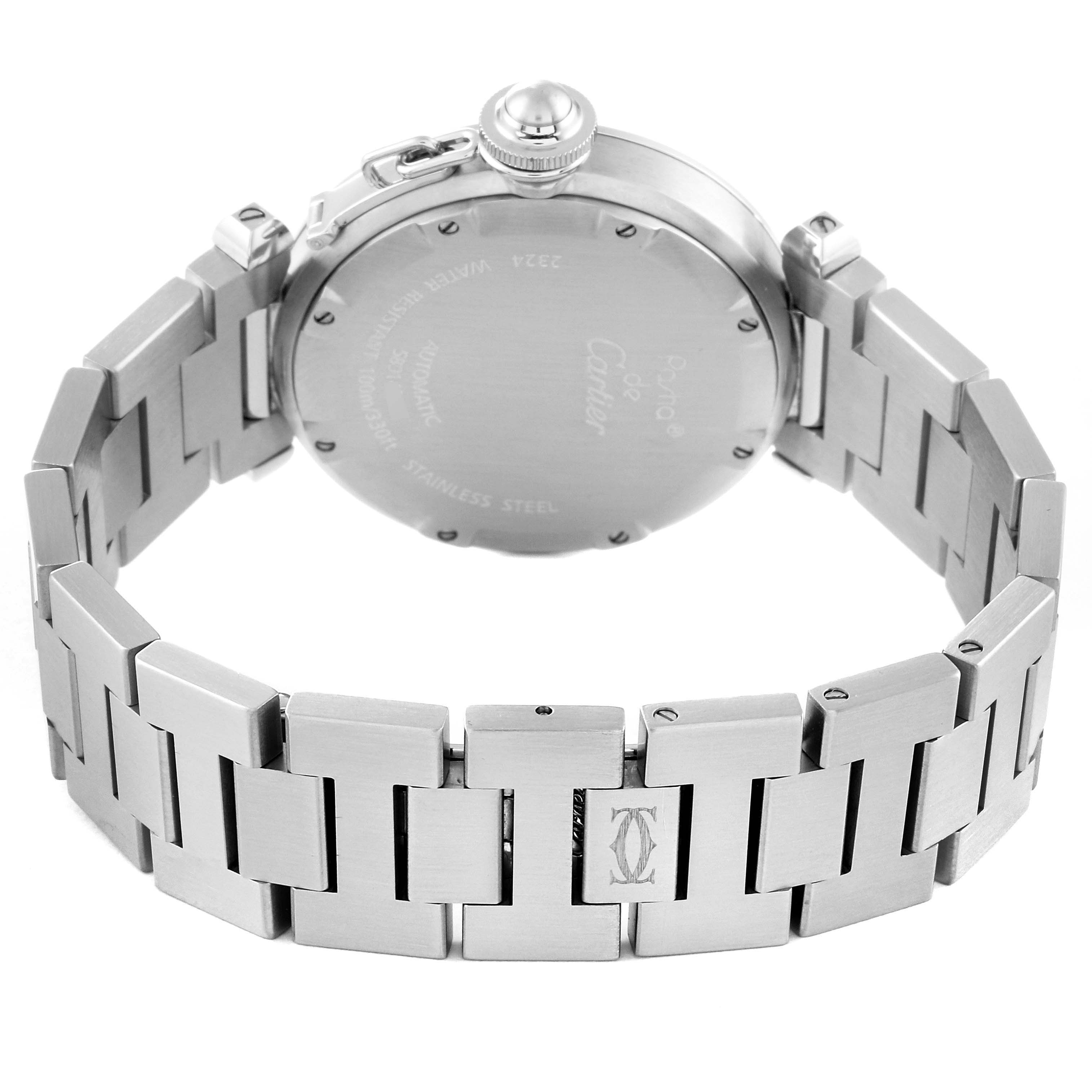 This image shows the back view of a Cartier Pasha W31074M7 Men's Stainless Steel White Dial W31074M7 Men's Stainless Steel White Dial watch, highlighting its stainless steel case and bracelet.