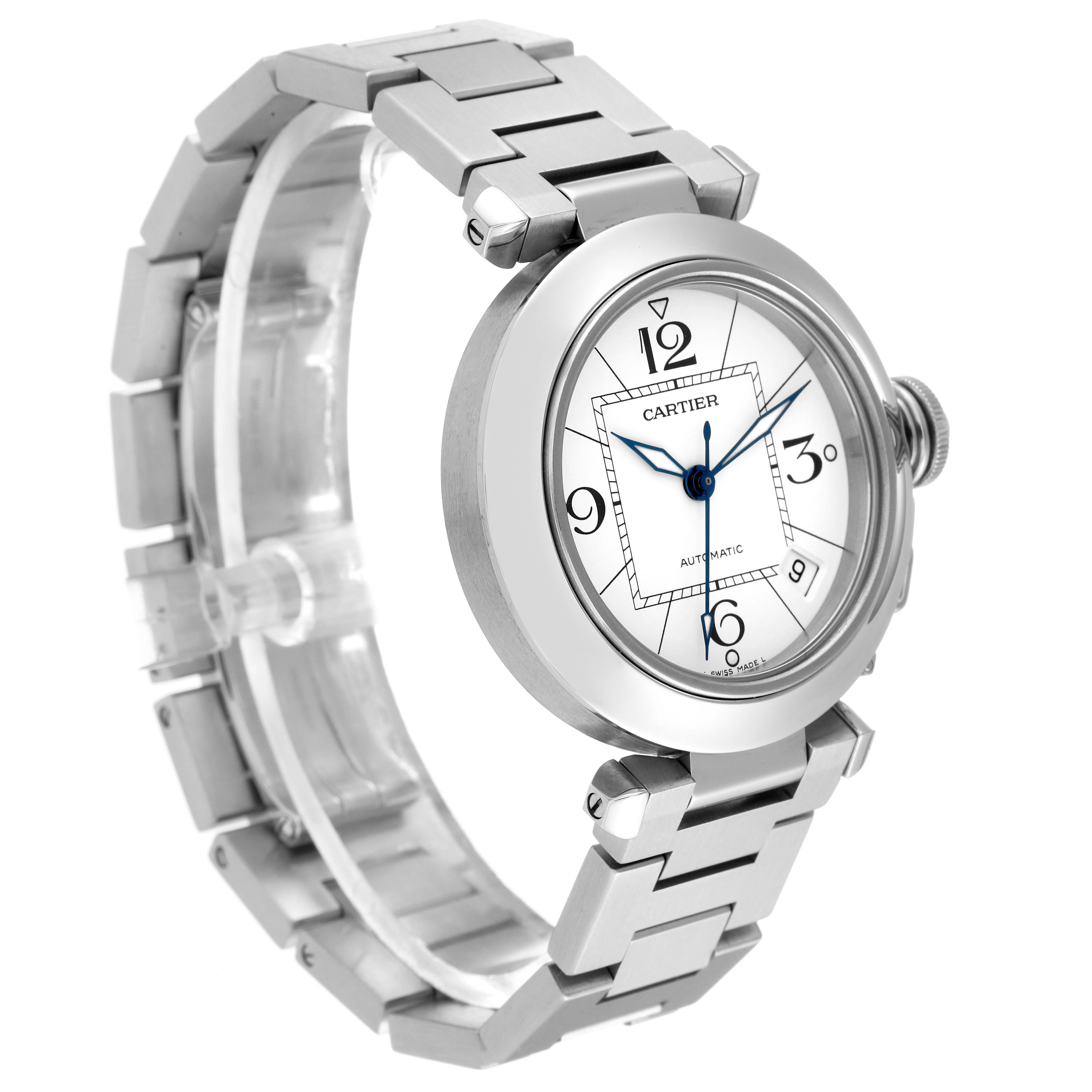 The image shows a Cartier Pasha W31074M7 Men's Stainless Steel White Dial W31074M7 Men's Stainless Steel White Dial watch from a slight angle, highlighting the face, case, bezel, and part of the stainless steel bracelet.
