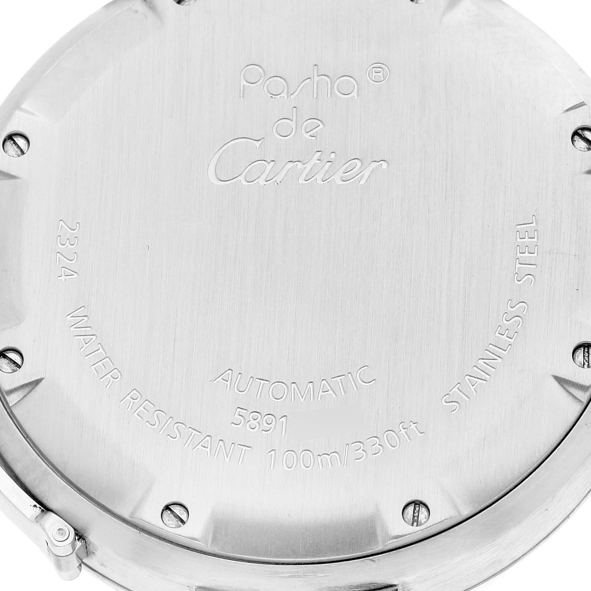 This is the back view of a Cartier Pasha W31074M7 Men's Stainless Steel White Dial W31074M7 Men's Stainless Steel White Dial watch, showing the model details and specifications engraved on the case back.