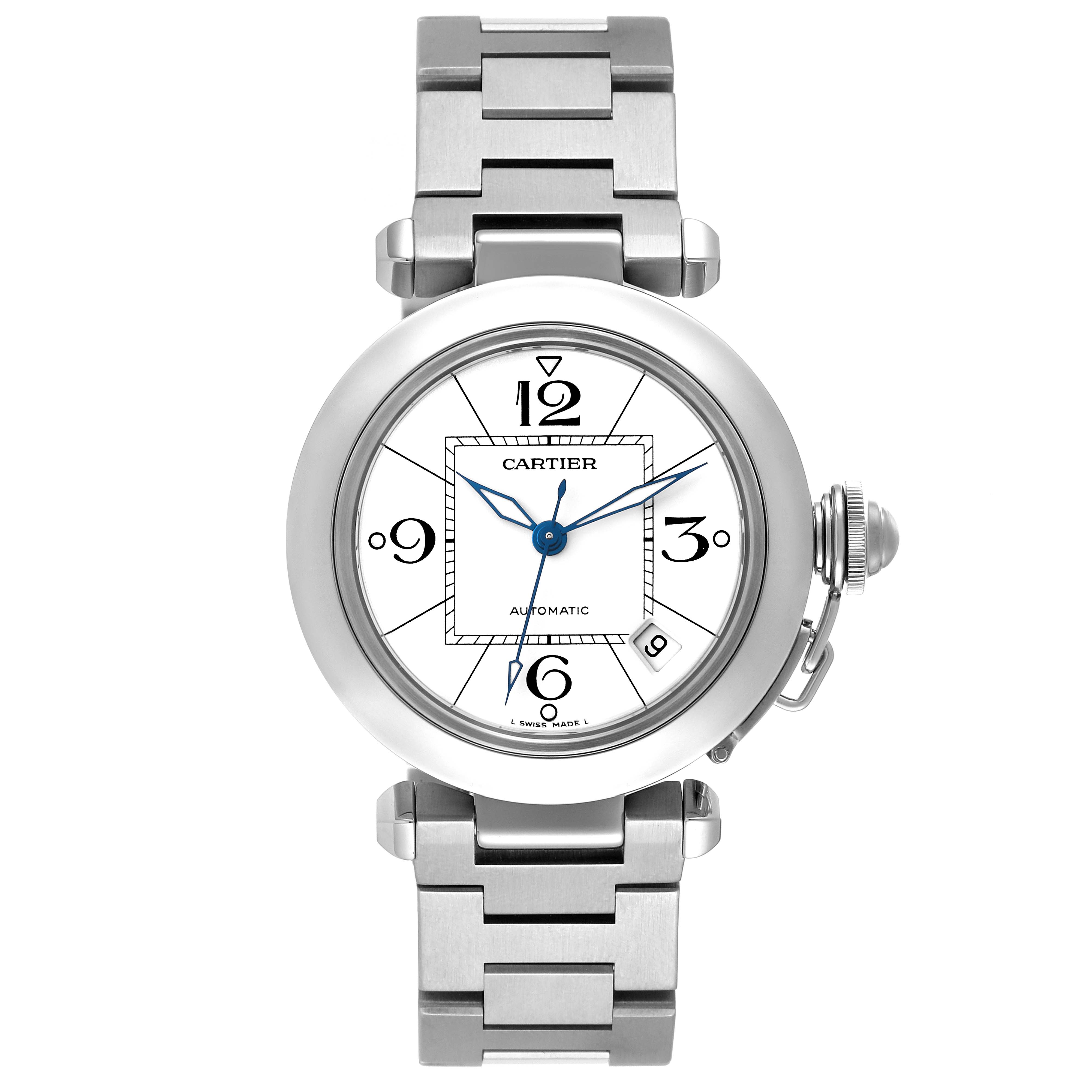 This image shows a top-down view of a Cartier Pasha W31074M7 Men's Stainless Steel White Dial W31074M7 Men's Stainless Steel White Dial model watch with a metal bracelet and prominent dial.