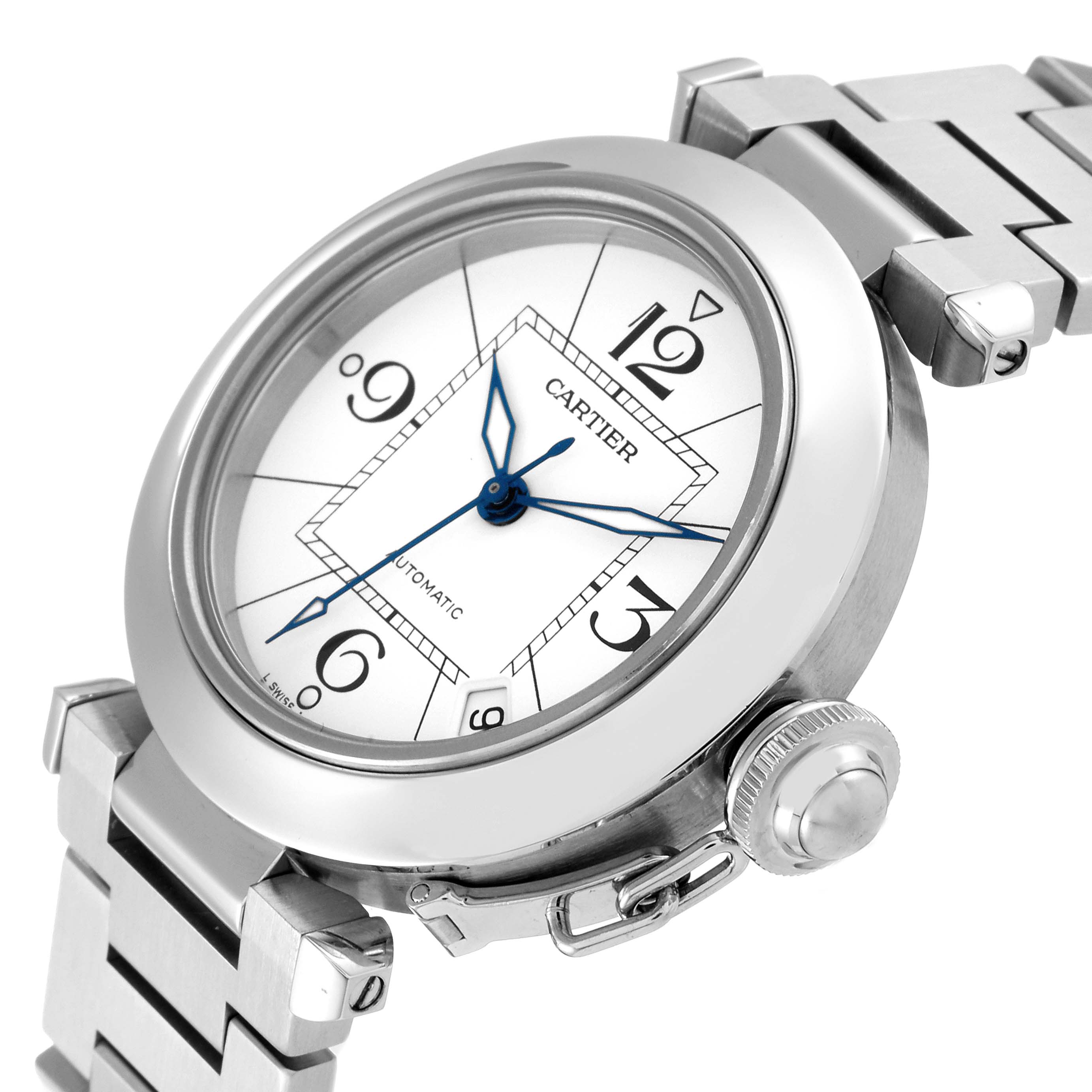 The image shows a Cartier Pasha W31074M7 Men's Stainless Steel White Dial W31074M7 Men's Stainless Steel White Dial watch viewed from an angled close-up, highlighting the dial and part of the bracelet.