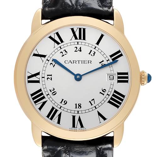 The Cartier Ronde watch is shown from a front angle, highlighting the dial, hour markers, and strap attachment.