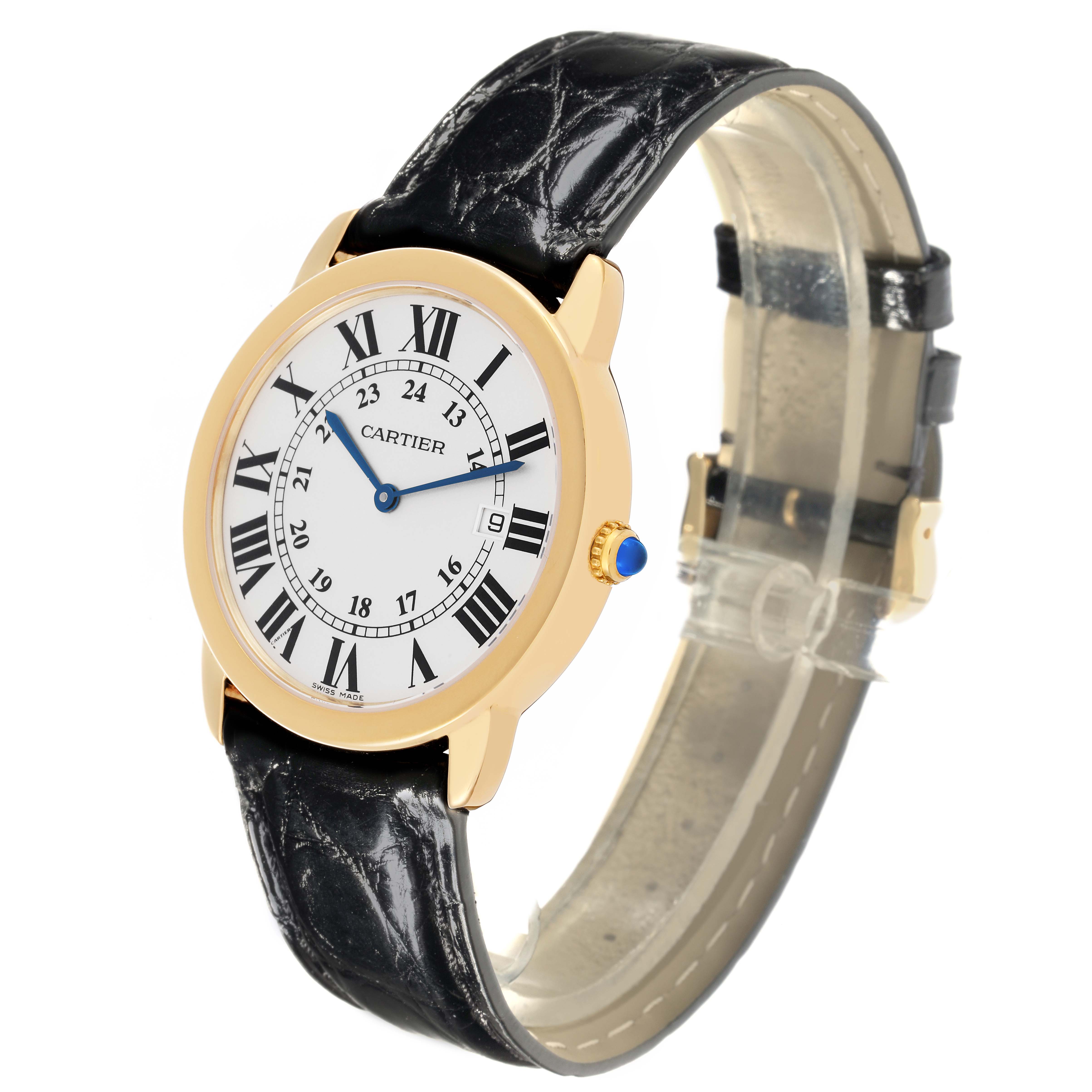 The Cartier Ronde W6700455 Men's Yellow Gold Silver Dial W6700455 Men's Yellow Gold Silver Dial watch is shown at an angle highlighting its face, gold case, blue hands, and leather strap.