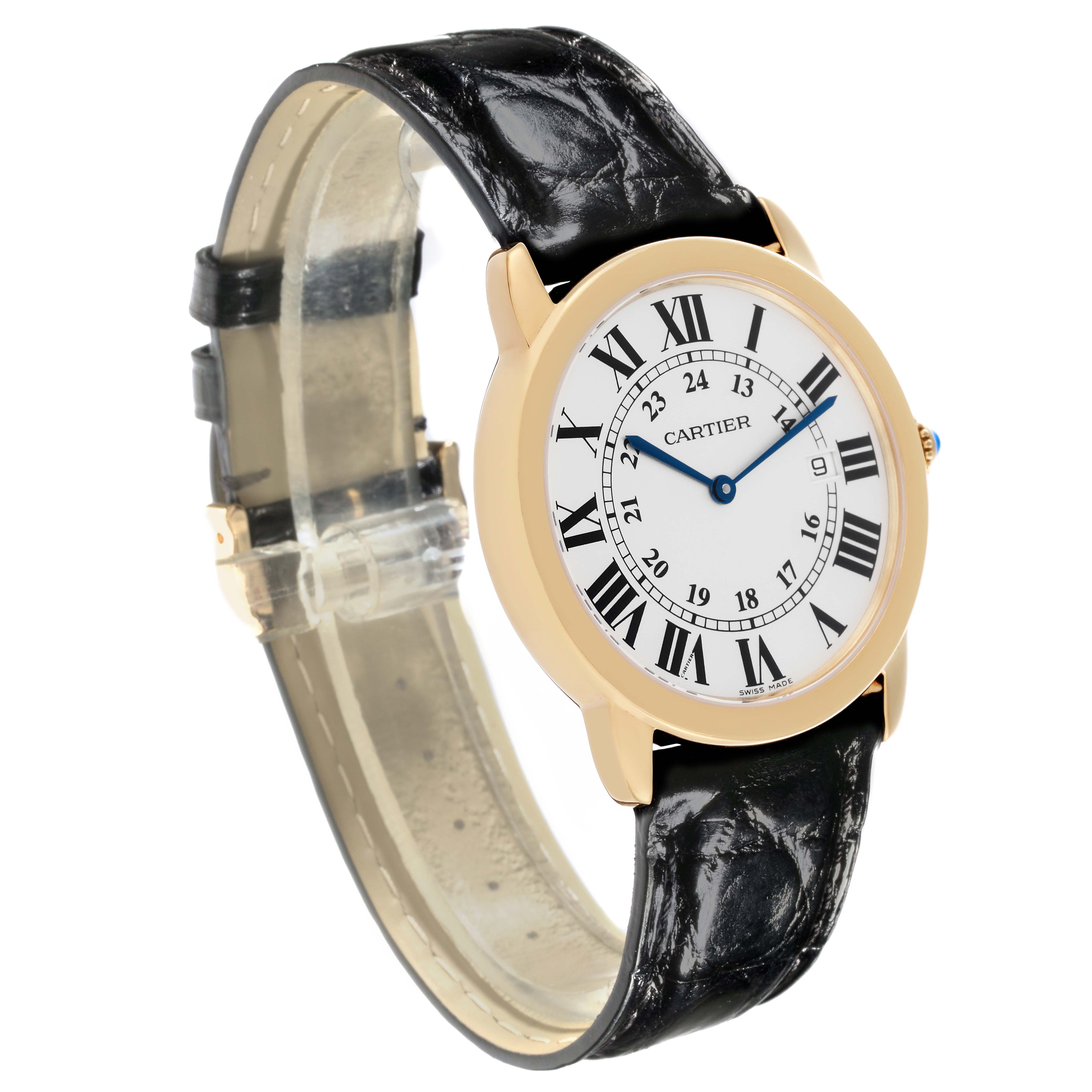 The Cartier Ronde W6700455 Men's Yellow Gold Silver Dial W6700455 Men's Yellow Gold Silver Dial watch is shown at a three-quarter angle, displaying the face, case, and leather strap.