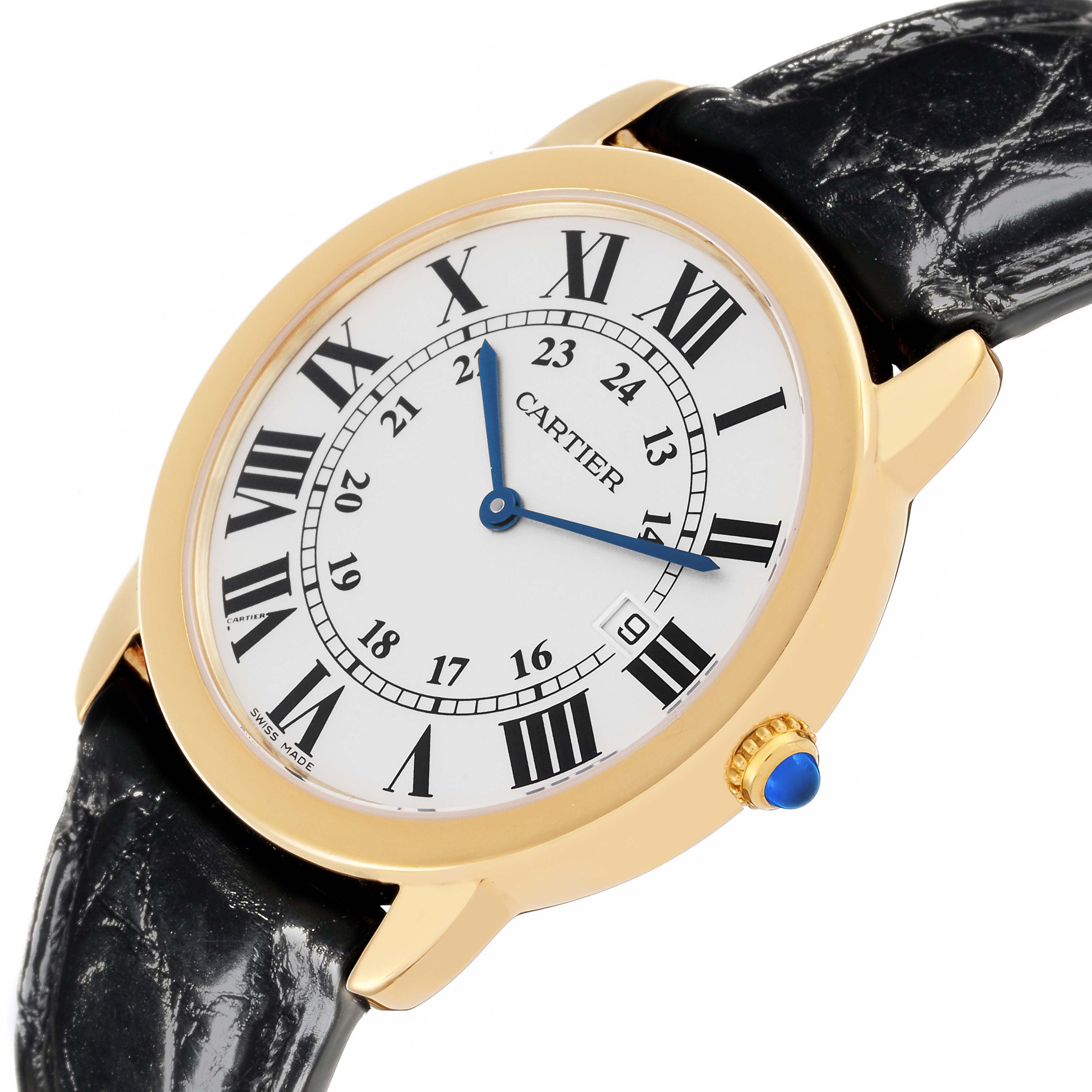 The Cartier Ronde W6700455 Men's Yellow Gold Silver Dial W6700455 Men's Yellow Gold Silver Dial watch is shown at a slight angle, displaying the dial, case, crown, and strap.