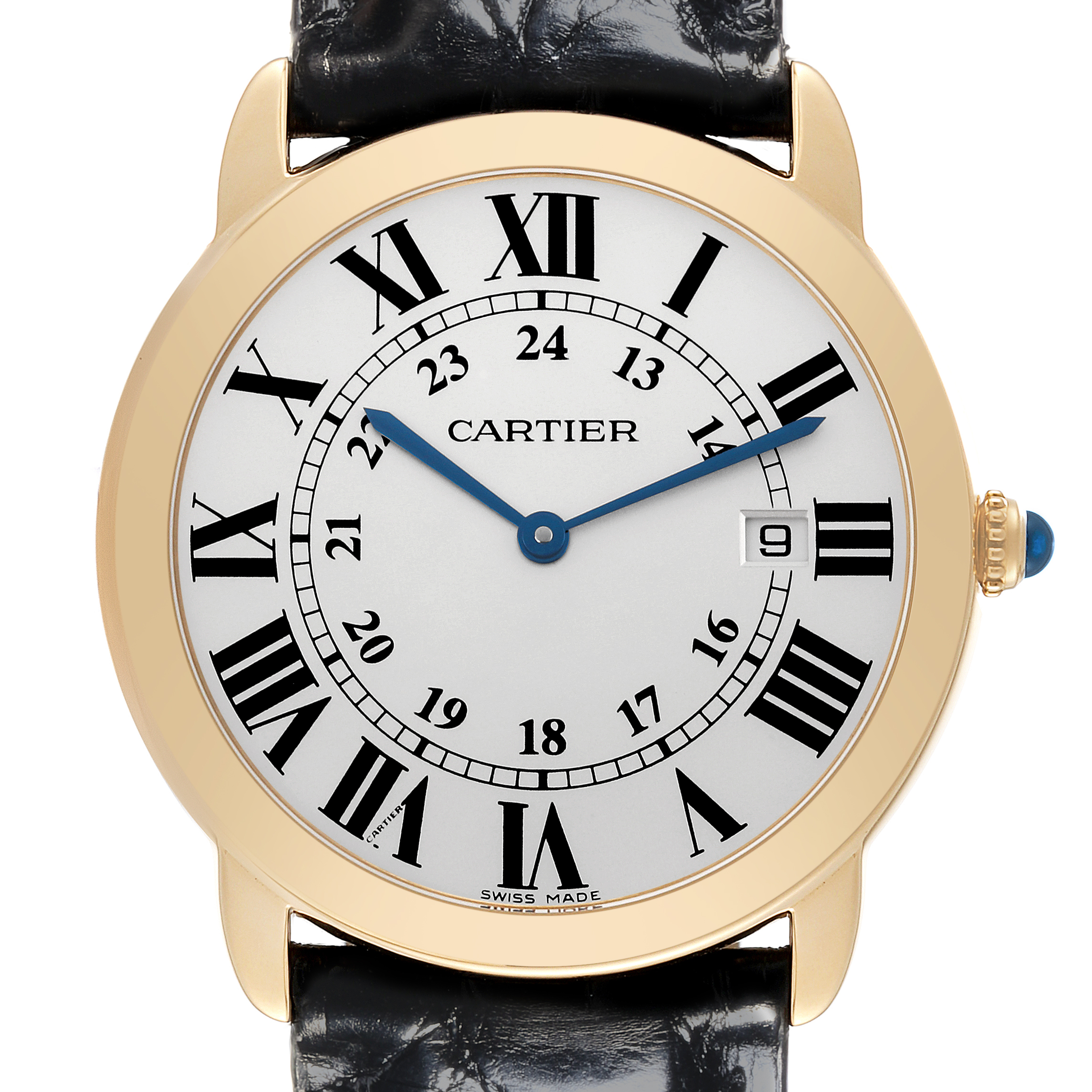The Cartier Ronde W6700455 Men's Yellow Gold Silver Dial W6700455 Men's Yellow Gold Silver Dial watch is shown from a front angle, displaying the face, Roman numerals, hands, date window, and strap.