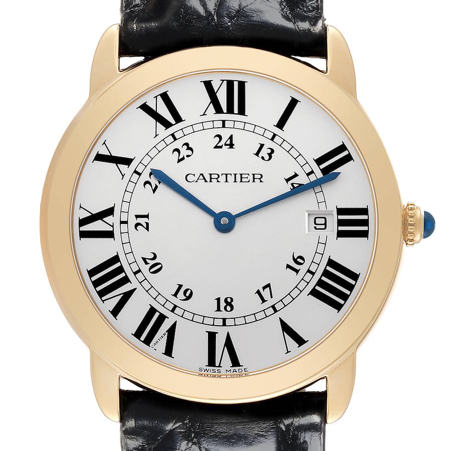 The Cartier Ronde watch is shown from a front angle, displaying the face, Roman numerals, hands, date window, and strap.