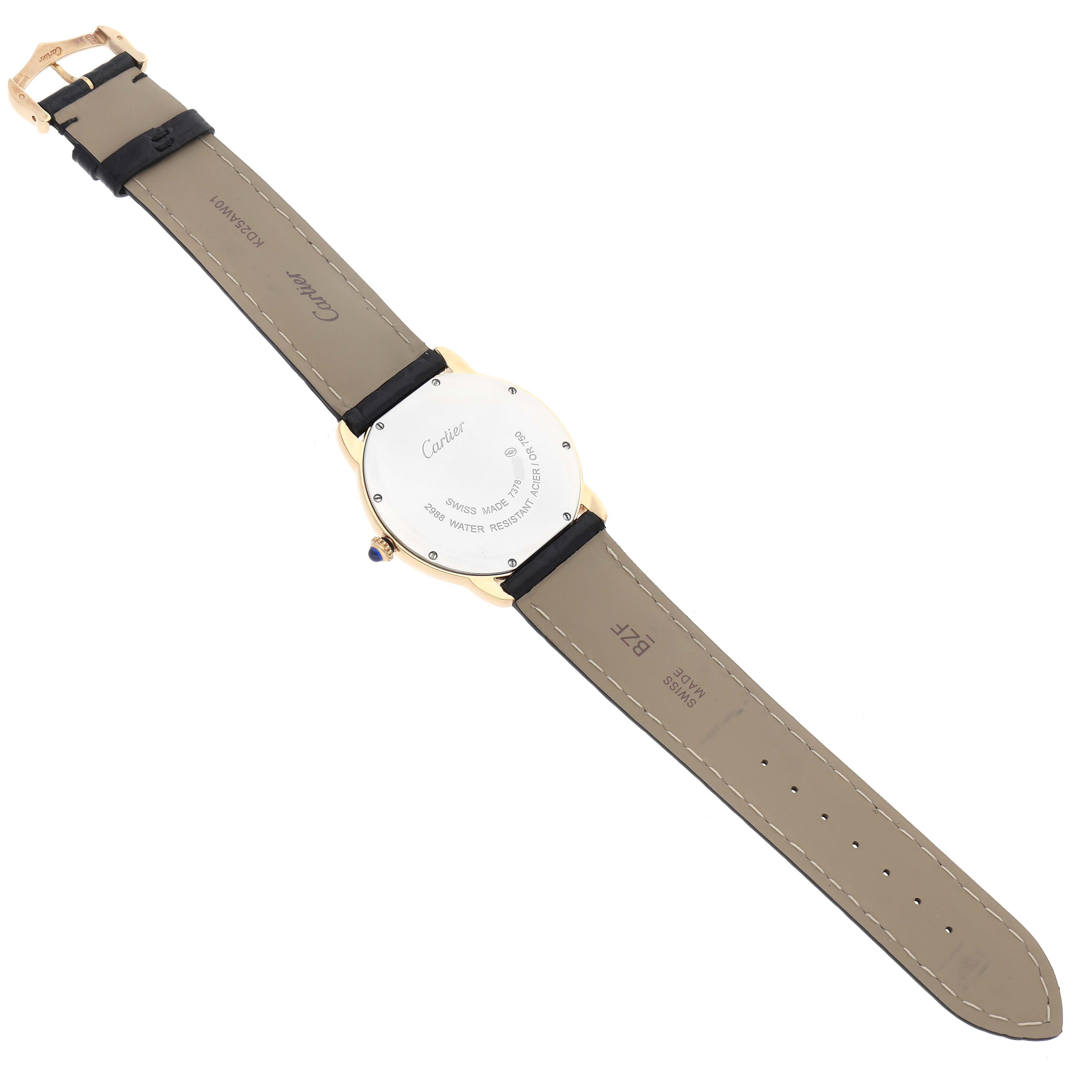 The image shows the back of a Cartier Ronde W6700455 Men's Yellow Gold Silver Dial W6700455 Men's Yellow Gold Silver Dial watch, including the case back, strap, and buckle.