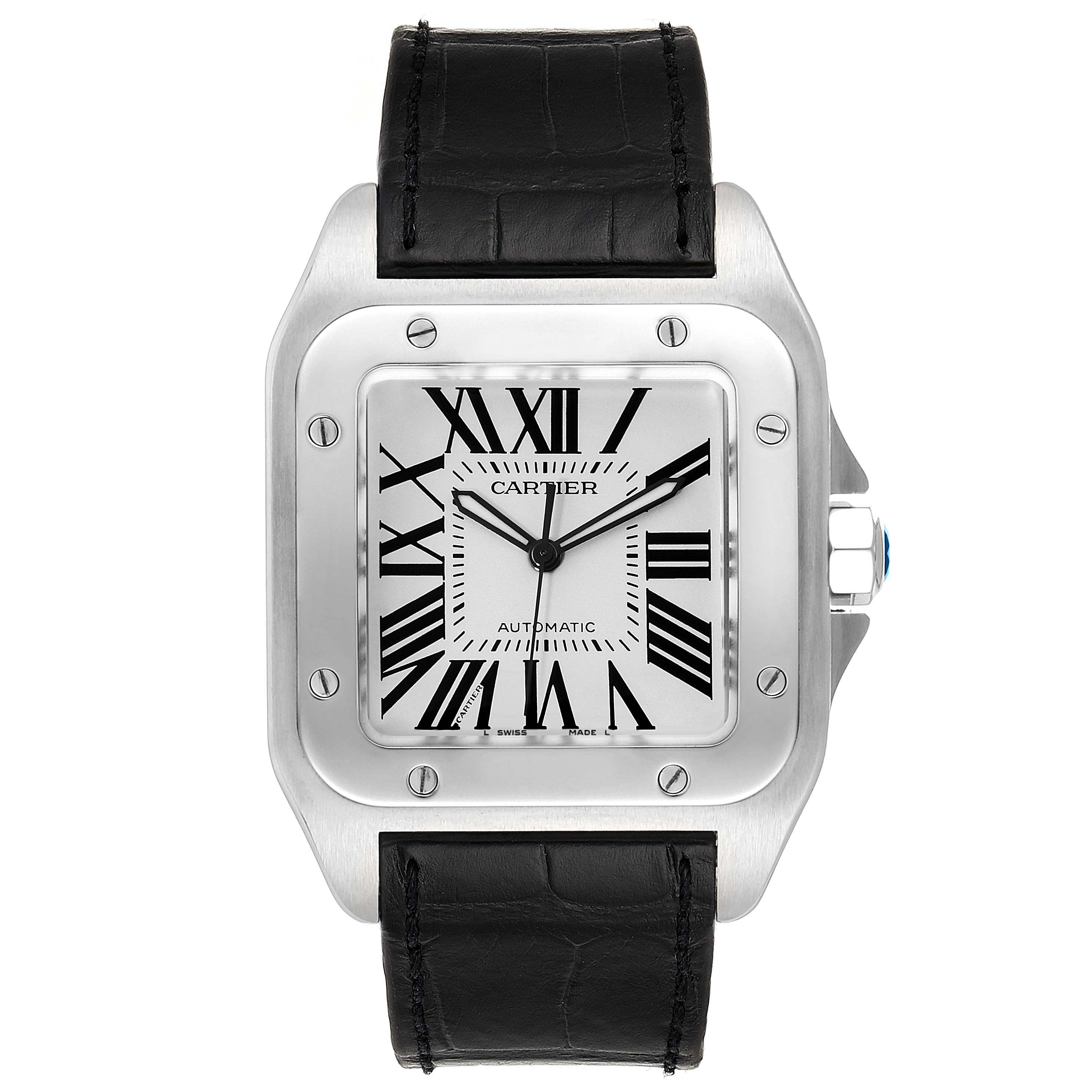 This image shows a front view of the Cartier Santos W20073X8 Men
s Stainless Steel Silver Dial W20073X8 Men
s Stainless Steel Silver Dial watch, featuring its square face, Roman numerals, and a black leather strap.