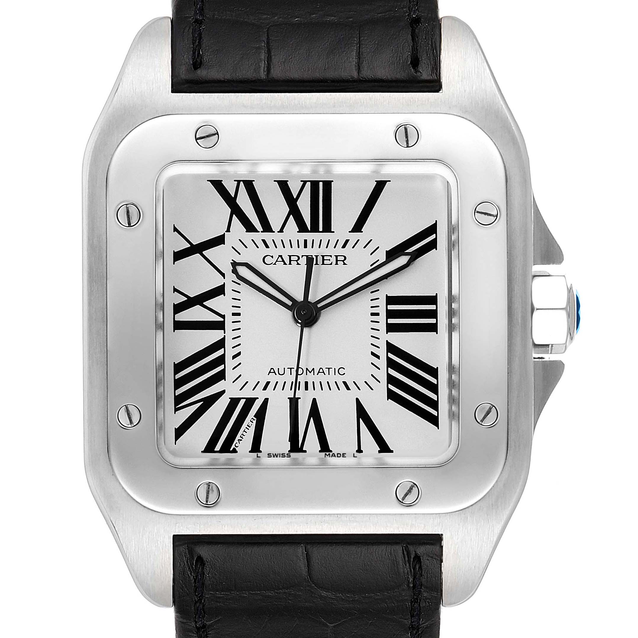 This image shows a front view of the Cartier Santos W20073X8 Men
s Stainless Steel Silver Dial W20073X8 Men
s Stainless Steel Silver Dial watch, highlighting its square face, Roman numerals, and black leather strap.