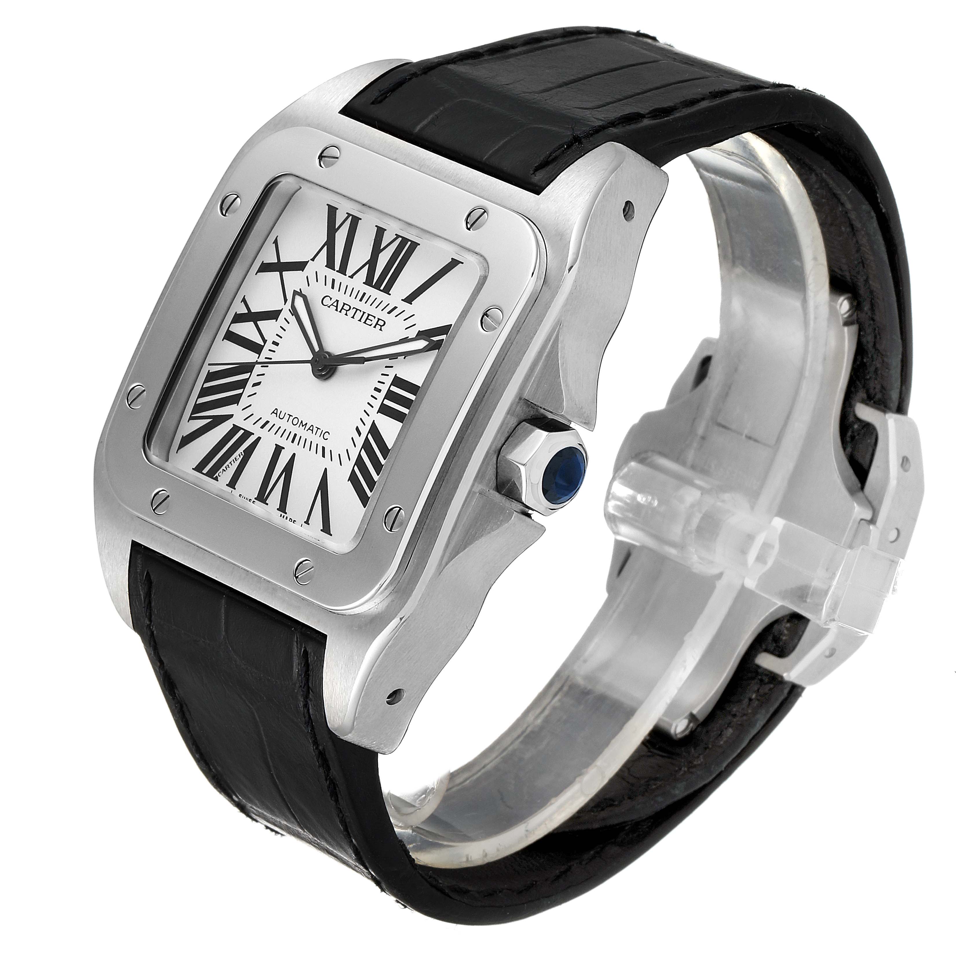 The image shows a Cartier Santos W20073X8 Men
s Stainless Steel Silver Dial W20073X8 Men
s Stainless Steel Silver Dial watch at a three-quarter angle, displaying the face, bezel, crown, and parts of the leather strap.
