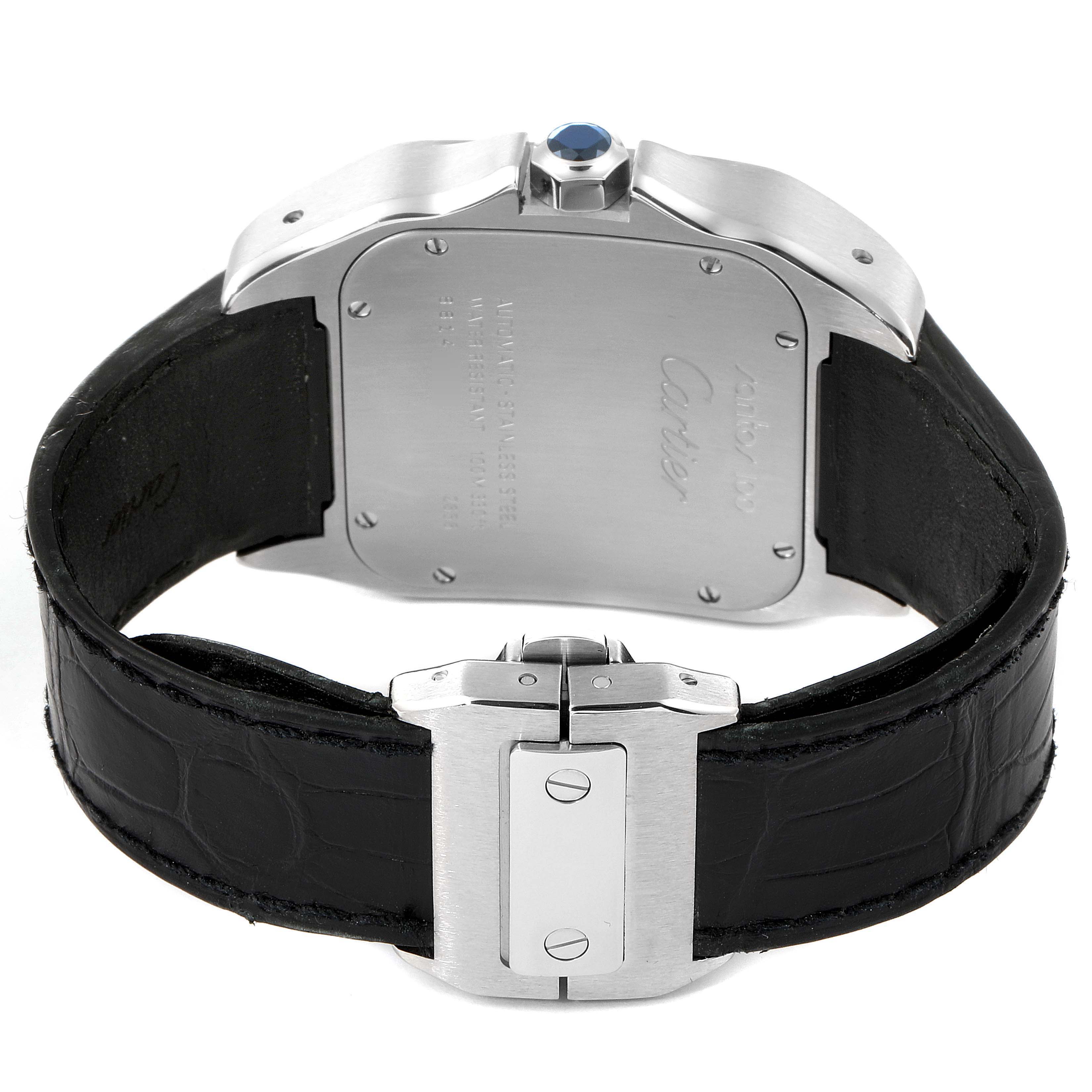This image shows the back case and clasp of a Cartier Santos W20073X8 Men
s Stainless Steel Silver Dial W20073X8 Men
s Stainless Steel Silver Dial watch, highlighting the leather strap and metal components.