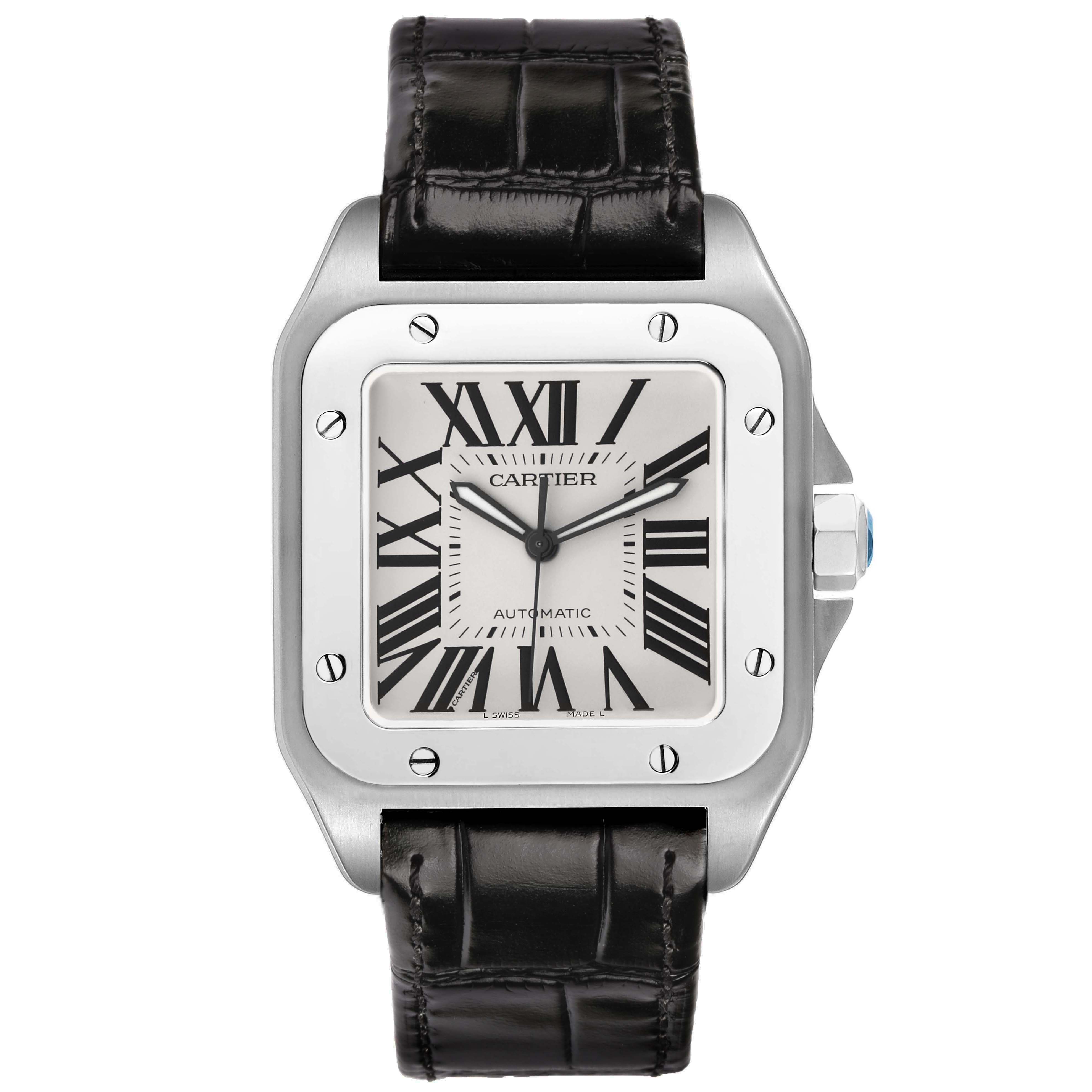 The Cartier Santos W20073X8 Men's Stainless Steel Silver Dial watch is shown from a front angle, highlighting its dial, bezel, and leather strap.